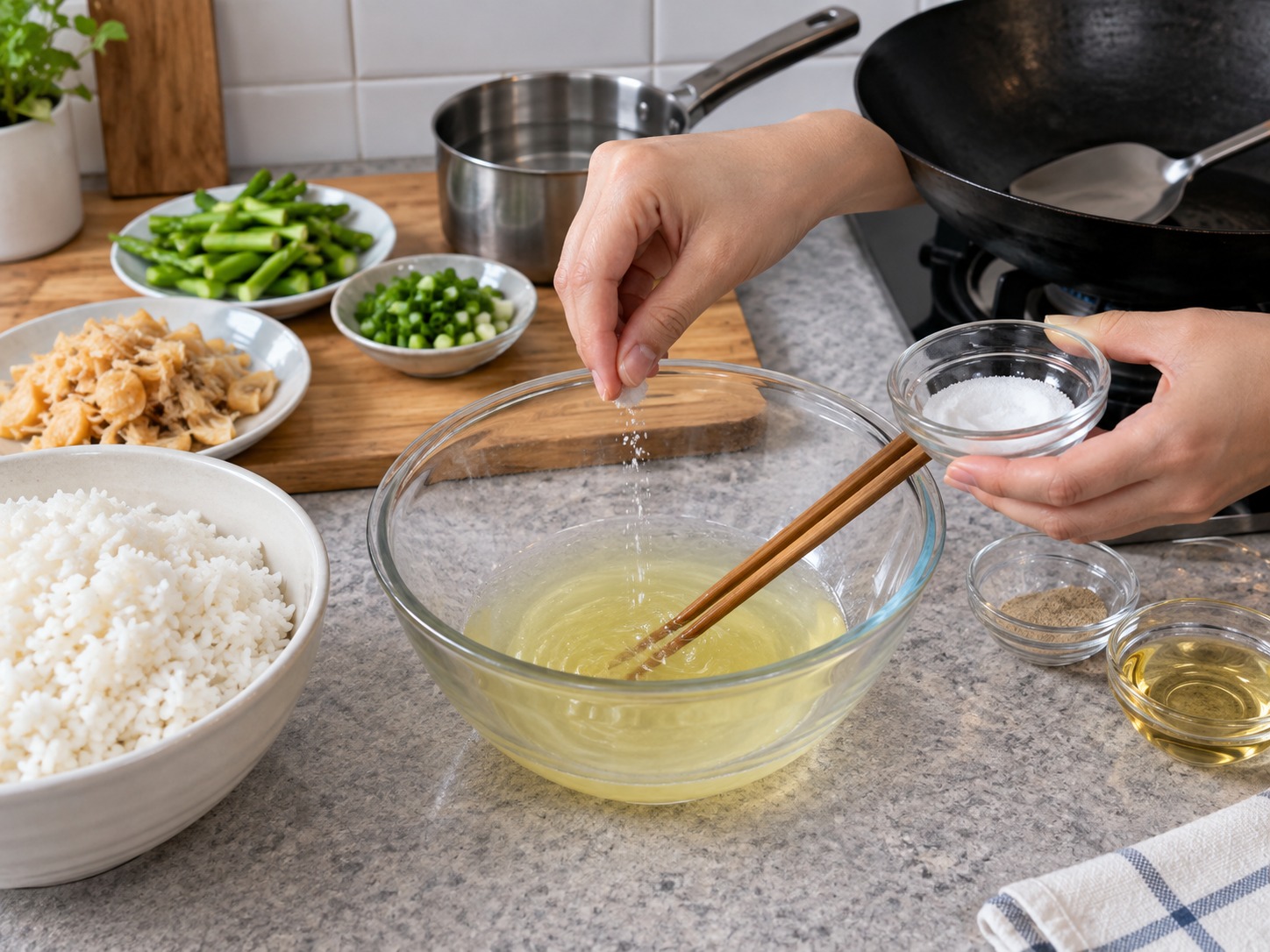 港式瑤柱蛋白炒飯 — 蛋白加一撮鹽輕輕打散，避免打至起泡