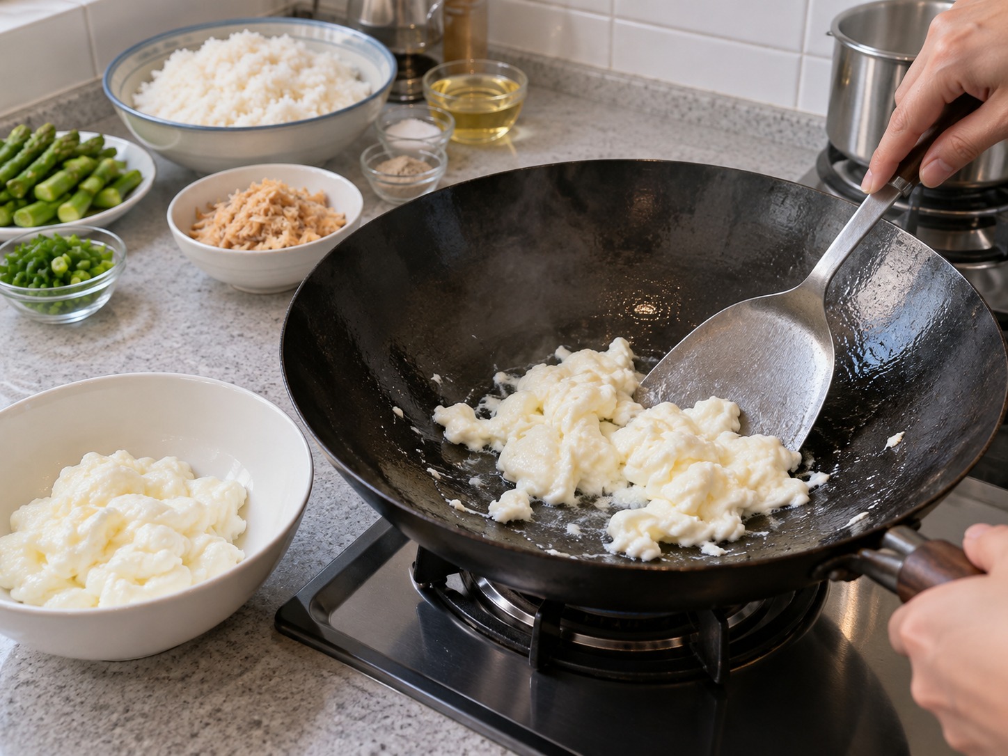 港式瑤柱蛋白炒飯 — 轉中小火加油，倒入蛋白推成柔嫩小塊後盛起