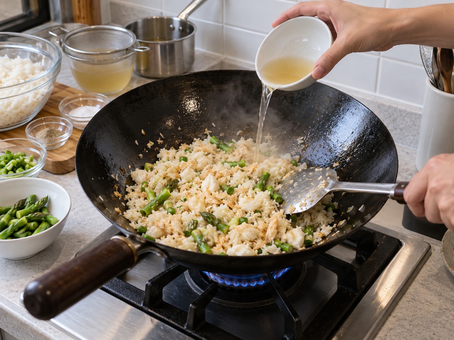 港式瑤柱蛋白炒飯 — 沿鑊邊灑兩湯匙瑤柱浸液，炒至水汽完全收乾