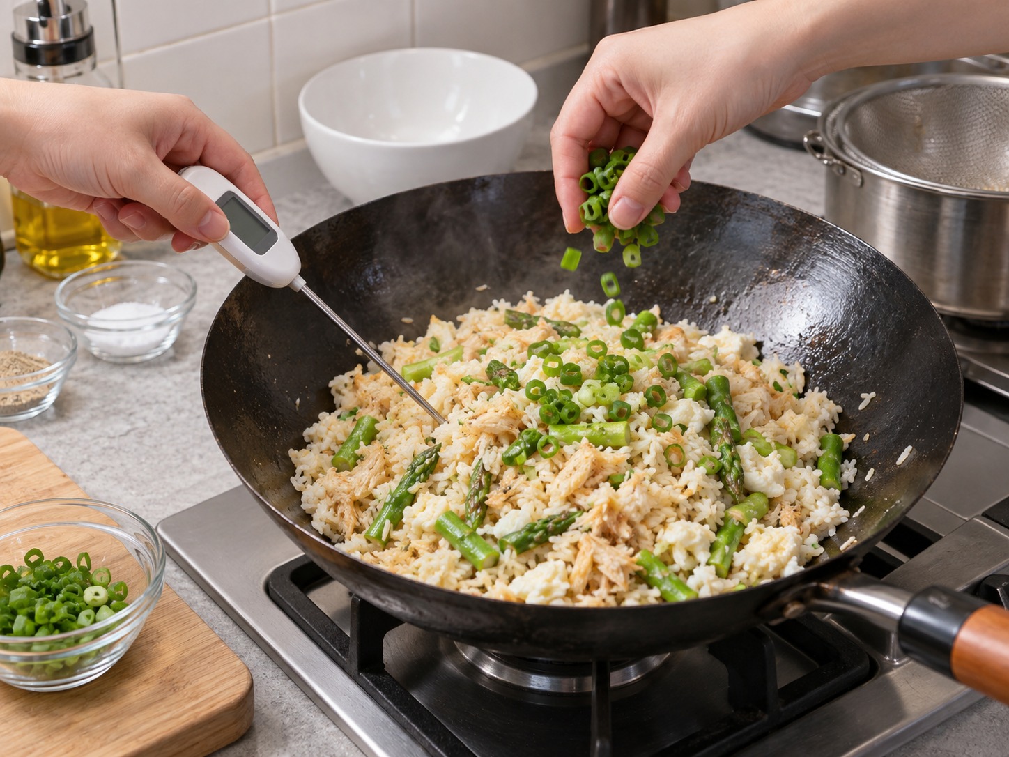 港式瑤柱蛋白炒飯 — 飯中心達74°C，撒蔥綠後立即上桌