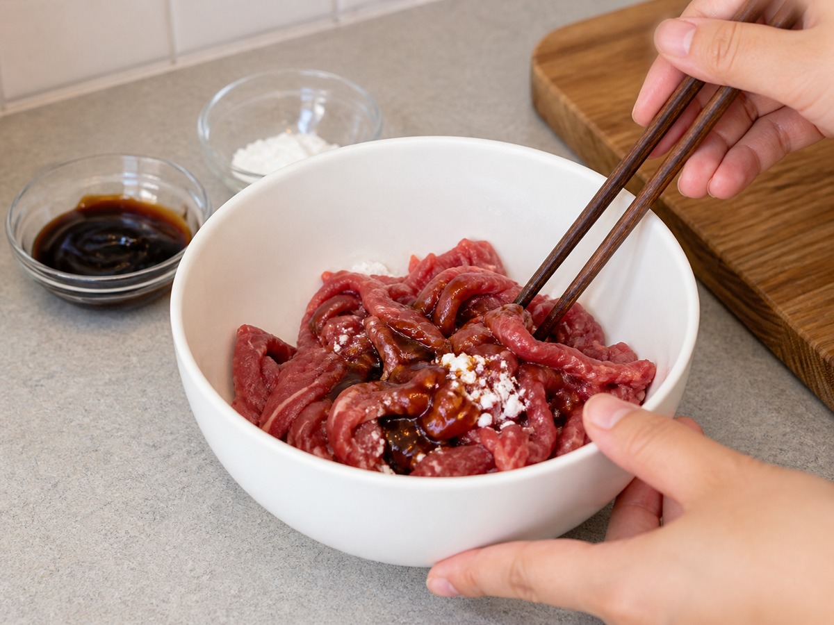 Kwetiau Goreng Kering dengan Daging Sapi ala Hong Kong — langkah 2: Campur bahan