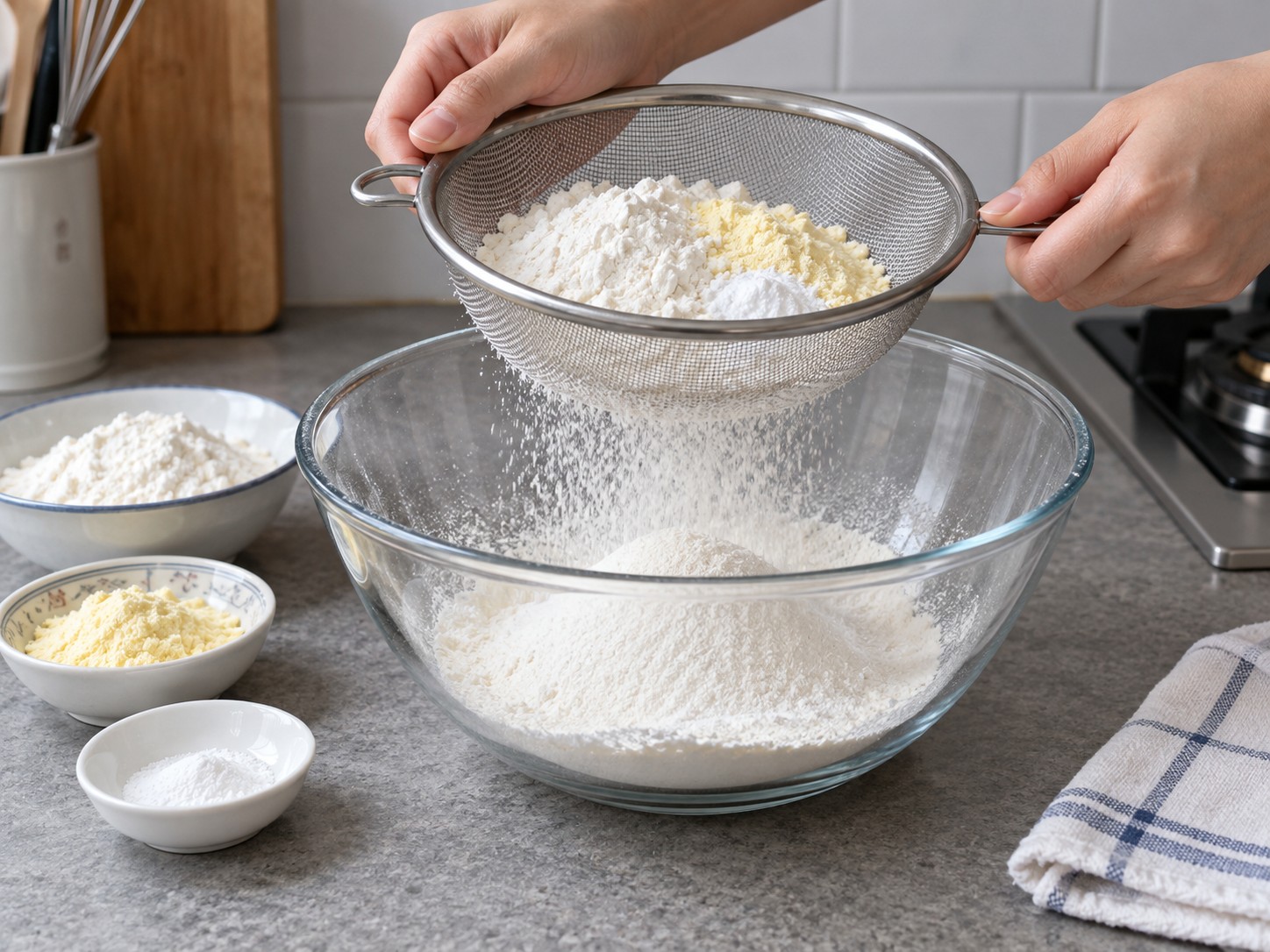Hong Kong Egg Waffles — 1. Sift flour, custard powder and baking powder into a bowl.