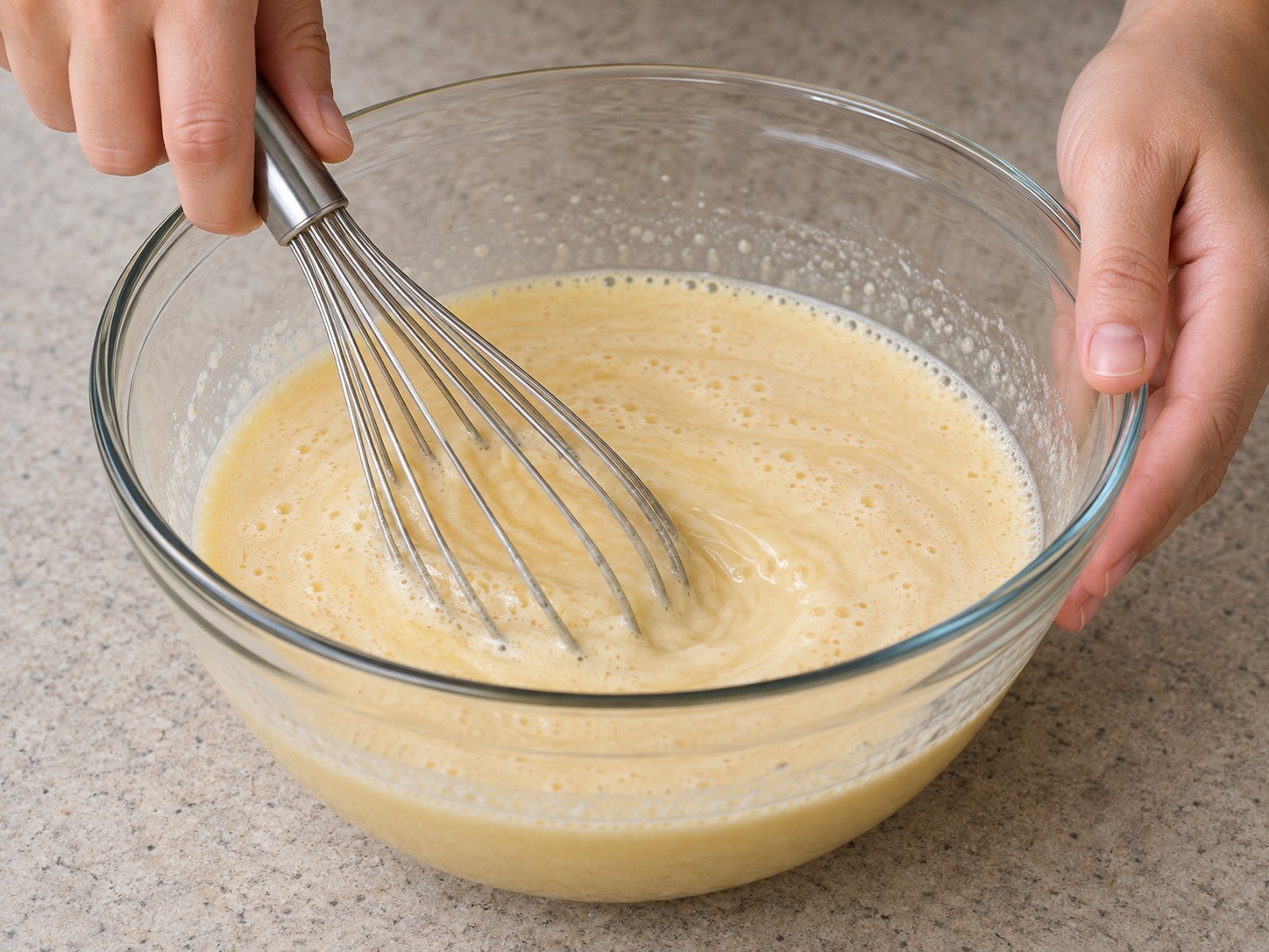 Hong Kong Egg Waffles — 3. Whisk evaporated milk, water, oil and vanilla into the eggs.