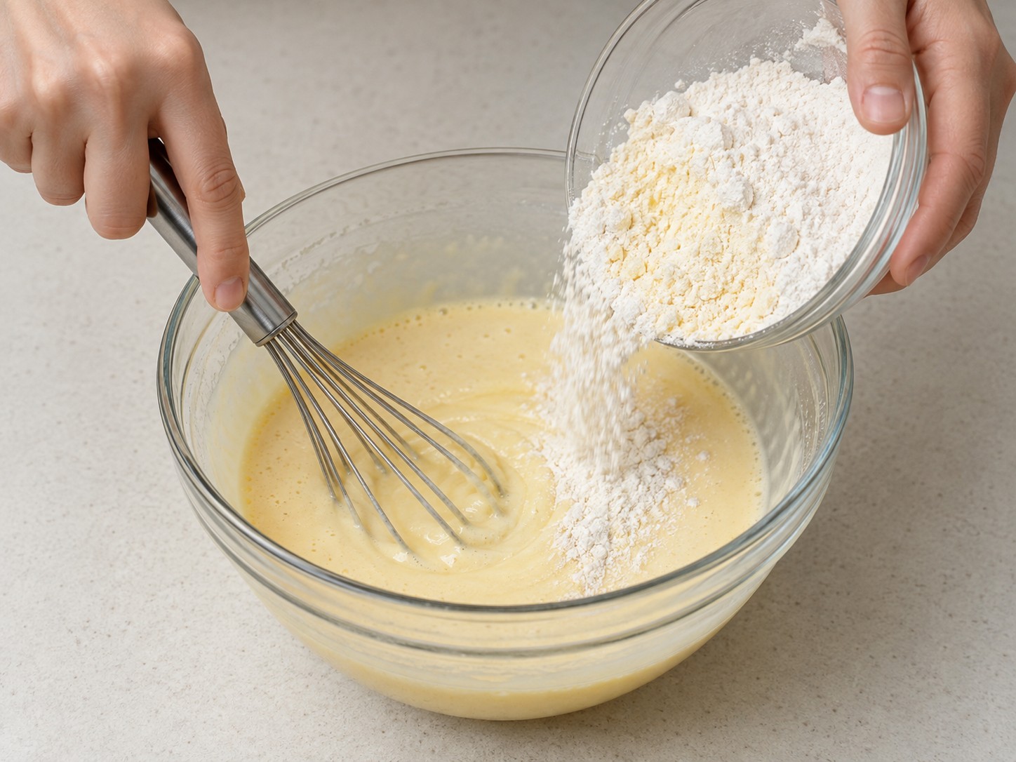 Hong Kong Egg Waffles — 4. Add dry ingredients in batches and whisk until the batter is smoo