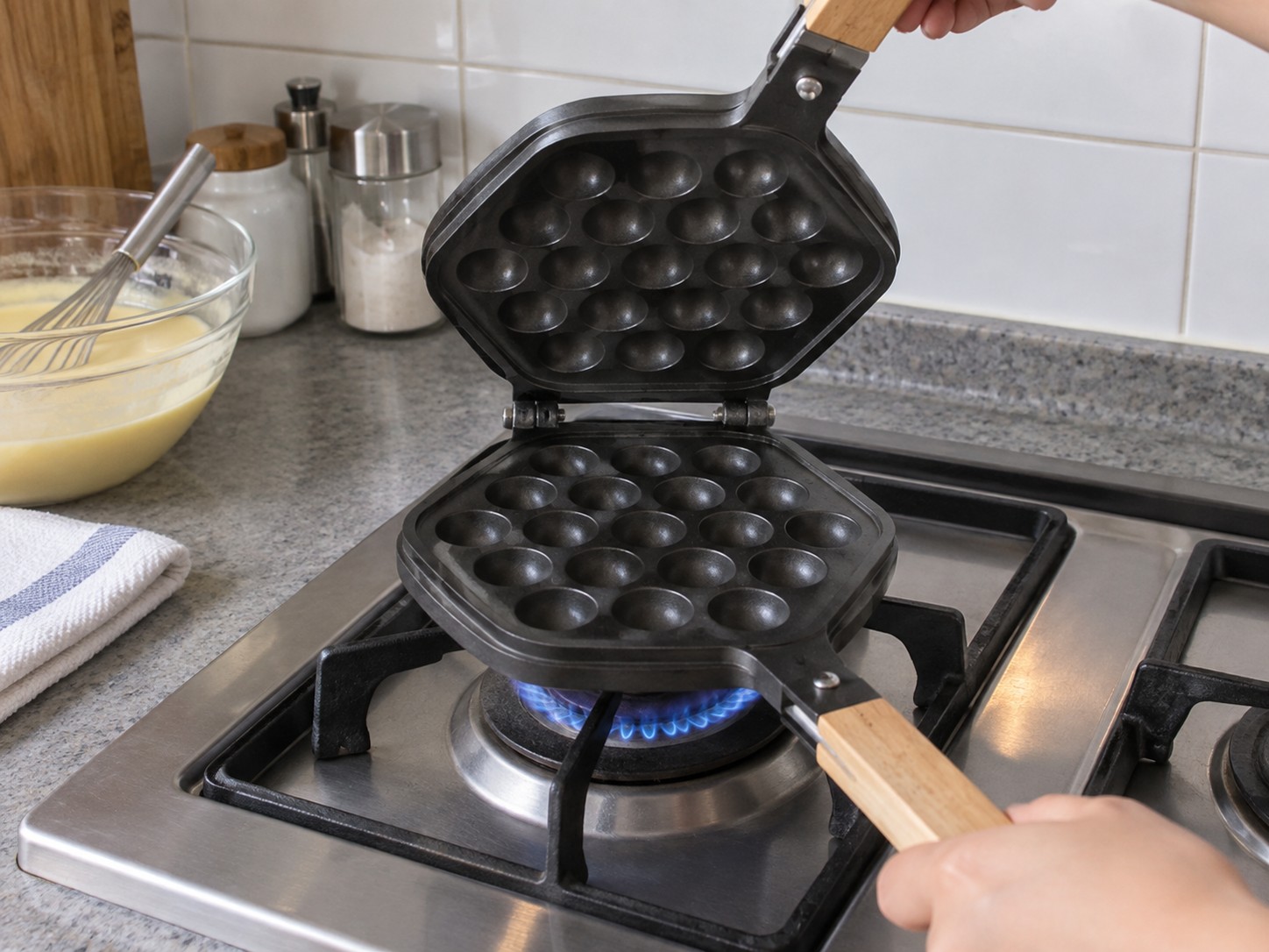 Hong Kong Egg Waffles — 6. Preheat both sides of the egg-waffle pan over medium heat.
