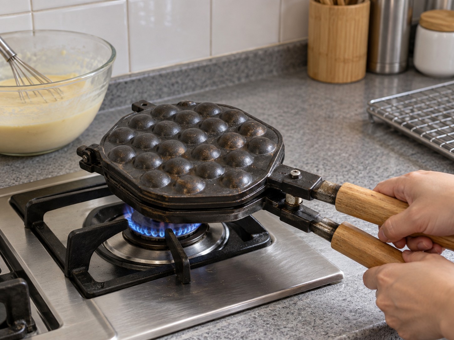 Hong Kong Egg Waffles — 9. Close the pan firmly and turn it immediately to spread the batter