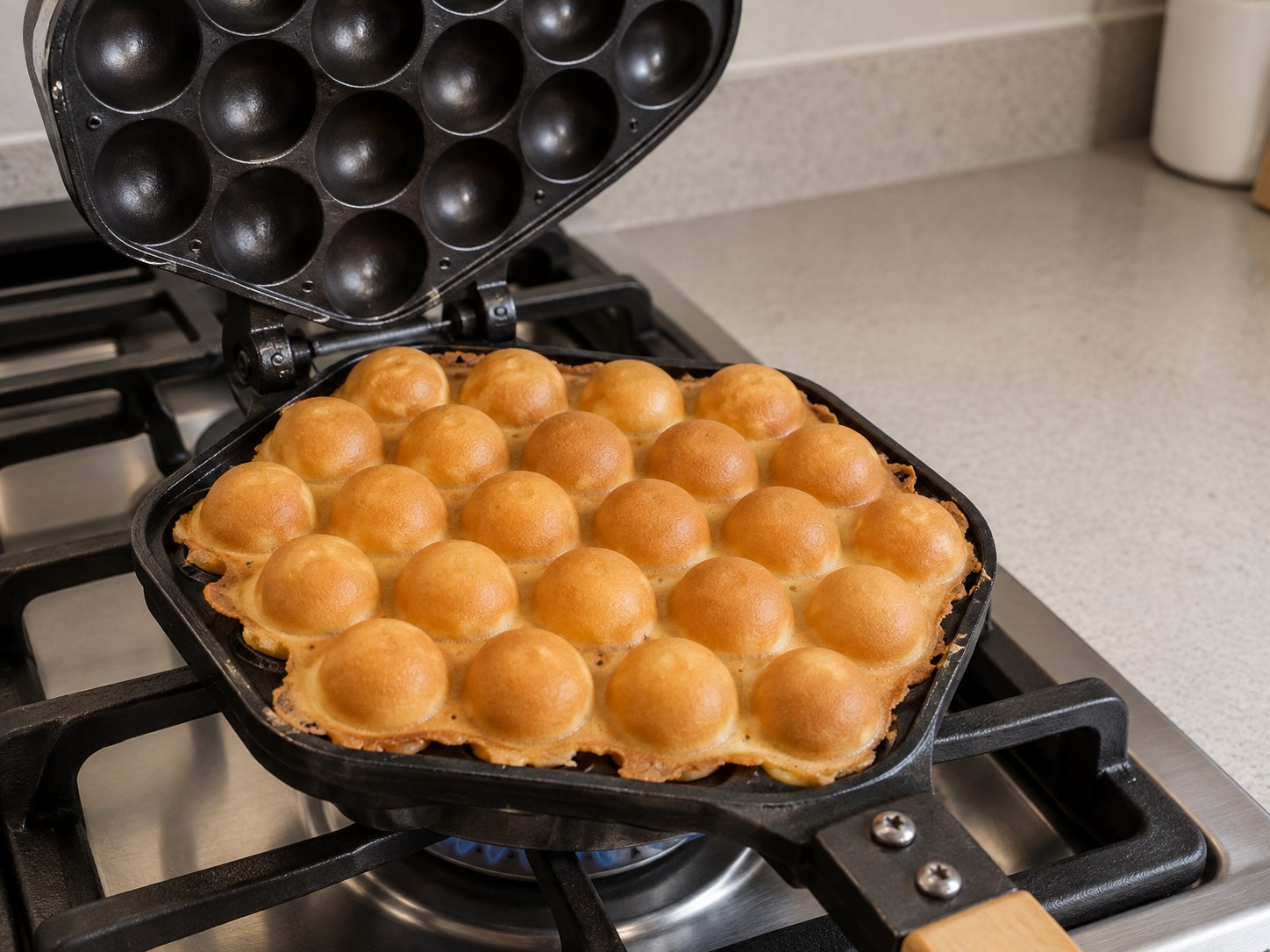 Hong Kong Egg Waffles — 10. Cook 2 to 3 minutes per side, turning once, until both faces are 