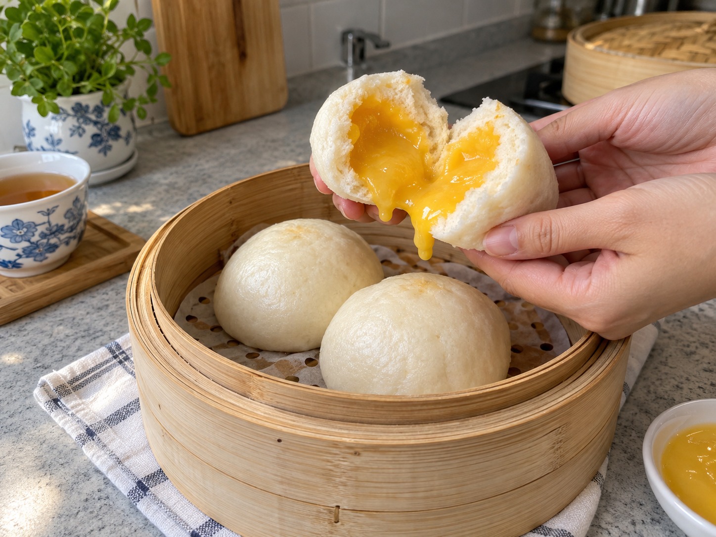 Siopao na may Umaagos na Salted Egg Custard ng Hong Kong — natapos na ulam