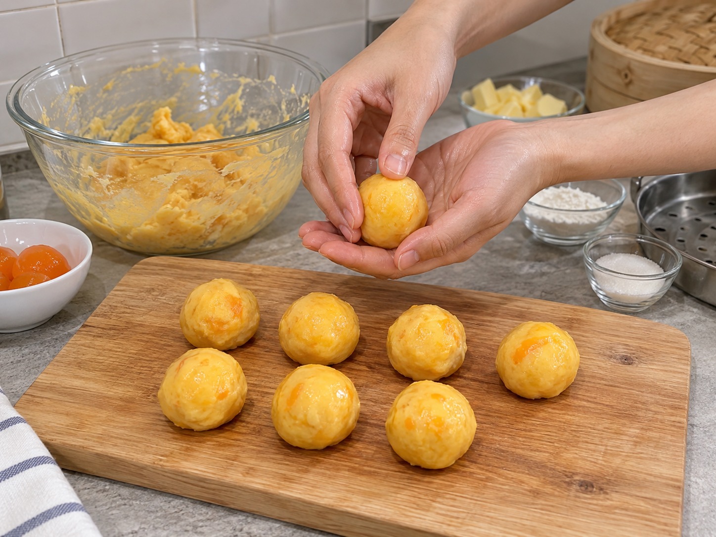 Siopao na may Umaagos na Salted Egg Custard ng Hong Kong — Hatiin ang malamig na palaman sa walong bola