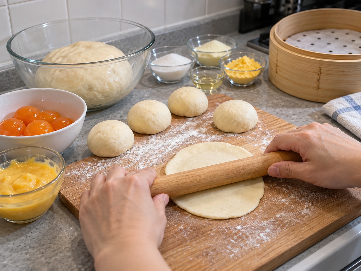 Siopao na may Umaagos na Salted Egg Custard ng Hong Kong — Bilugin ang bawat piraso na makapal sa gitna at manipis sa gilid