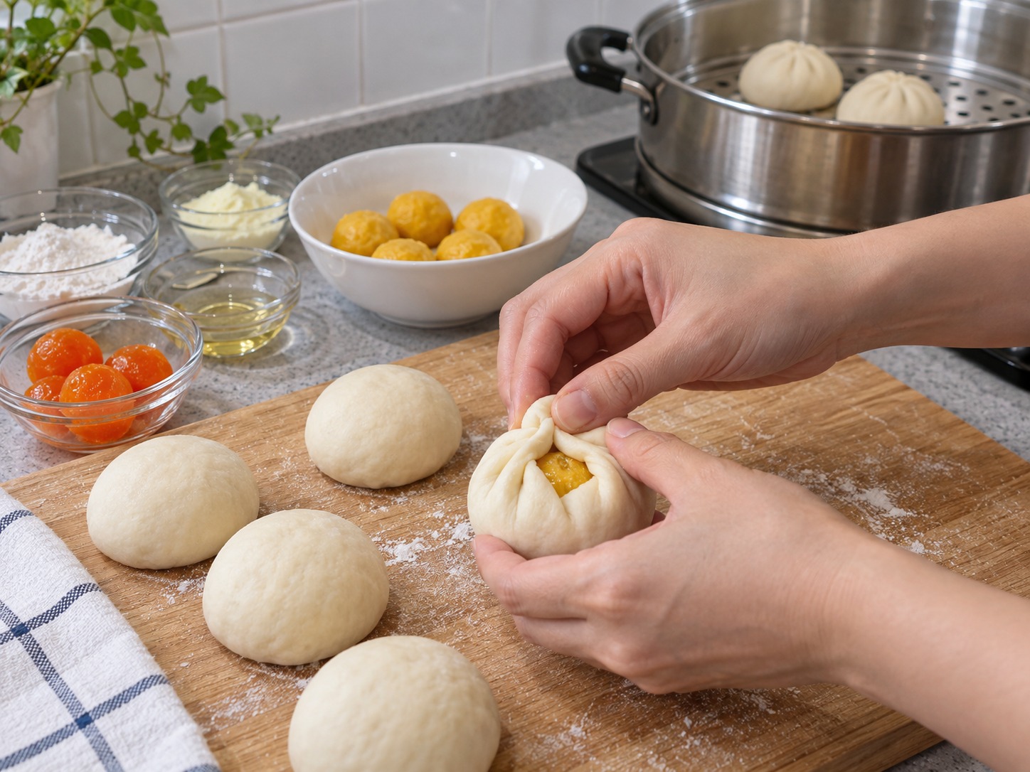 Siopao na may Umaagos na Salted Egg Custard ng Hong Kong — Balutin ang isang bolang palaman at isarang mabuti