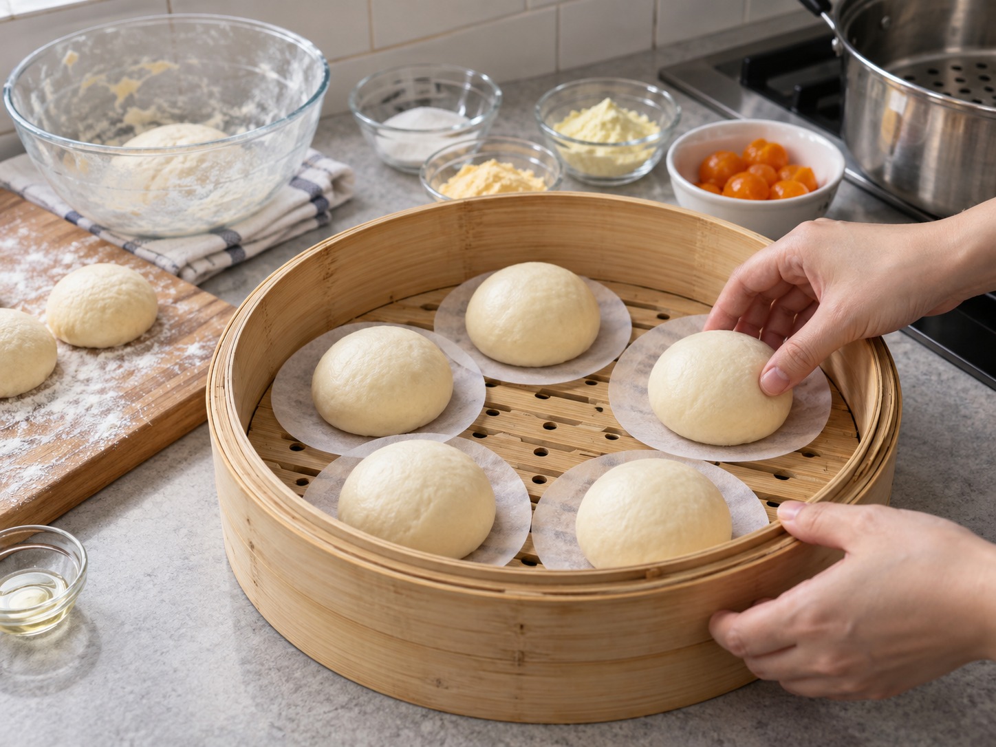 Siopao na may Umaagos na Salted Egg Custard ng Hong Kong — Ilagay sa papel at paalsahin nang labinlimang minuto