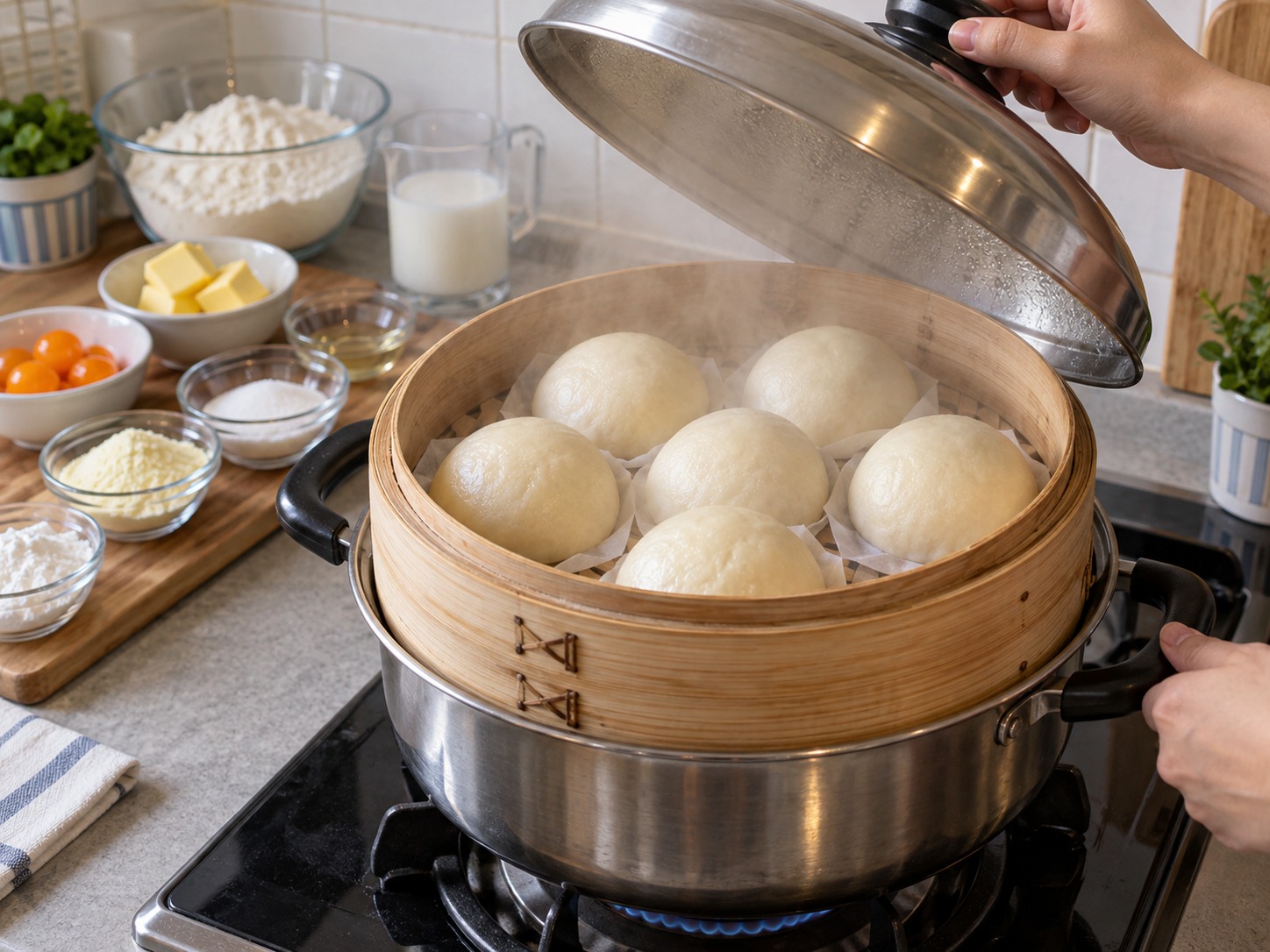 Siopao na may Umaagos na Salted Egg Custard ng Hong Kong — I-singaw sa katamtamang apoy nang sampu hanggang labindalawang minuto