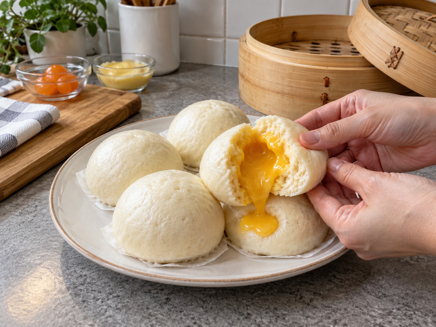 Siopao na may Umaagos na Salted Egg Custard ng Hong Kong — Maghintay ng tatlong minuto bago buksan at ihain nang mainit
