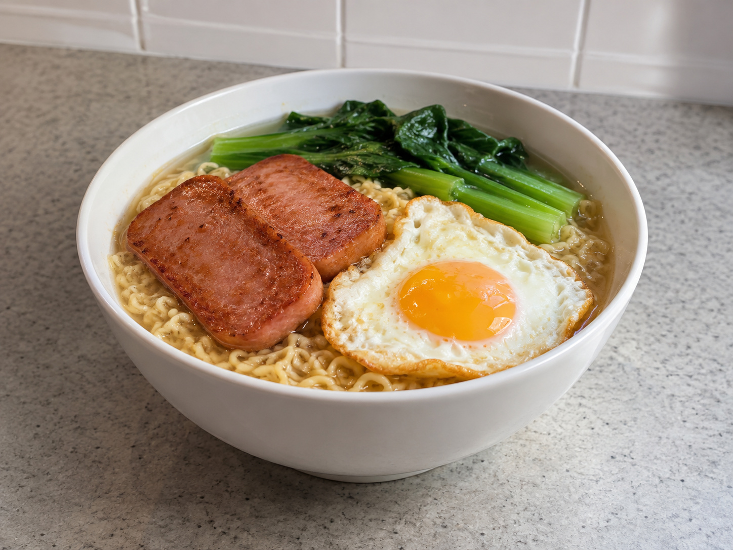 Mi Instan Hong Kong dengan Luncheon Meat dan Telur — hidangan selesai