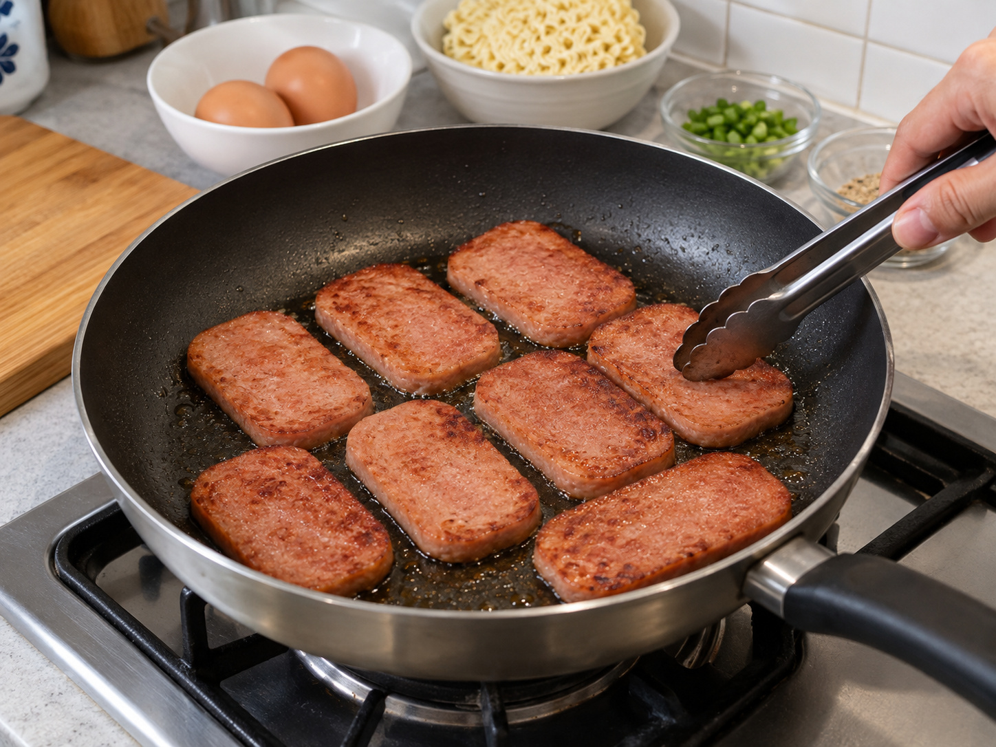 Hong Kong Instant Noodles na may Luncheon Meat at Itlog — I-brown ang luncheon meat