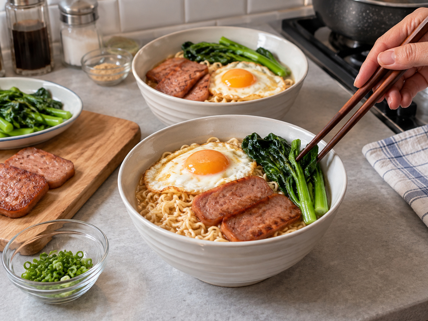 Hong Kong Instant Noodles na may Luncheon Meat at Itlog — Ilagay ang toppings