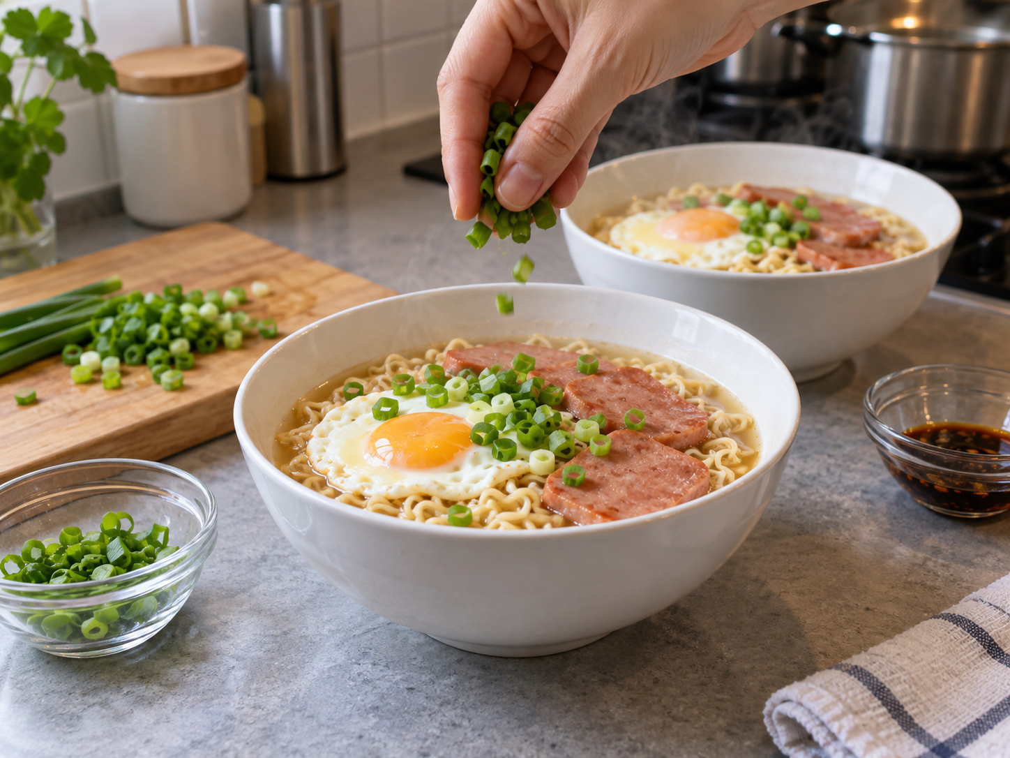 Hong Kong Instant Noodles na may Luncheon Meat at Itlog — Budburan at ihain