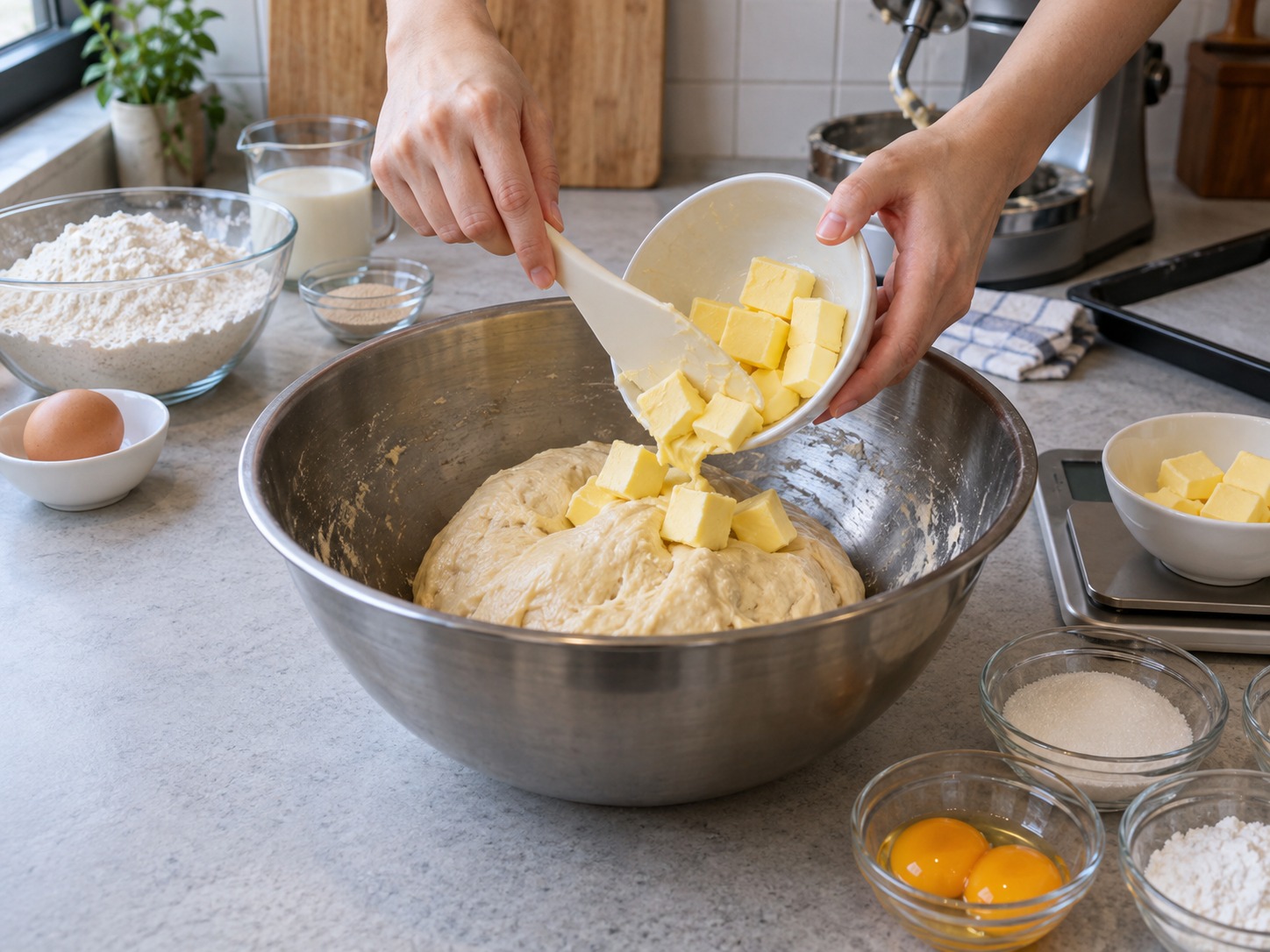 Hong Kong Pineapple Bun with Butter — Knead into a dough, then add 80 g unsalted butter