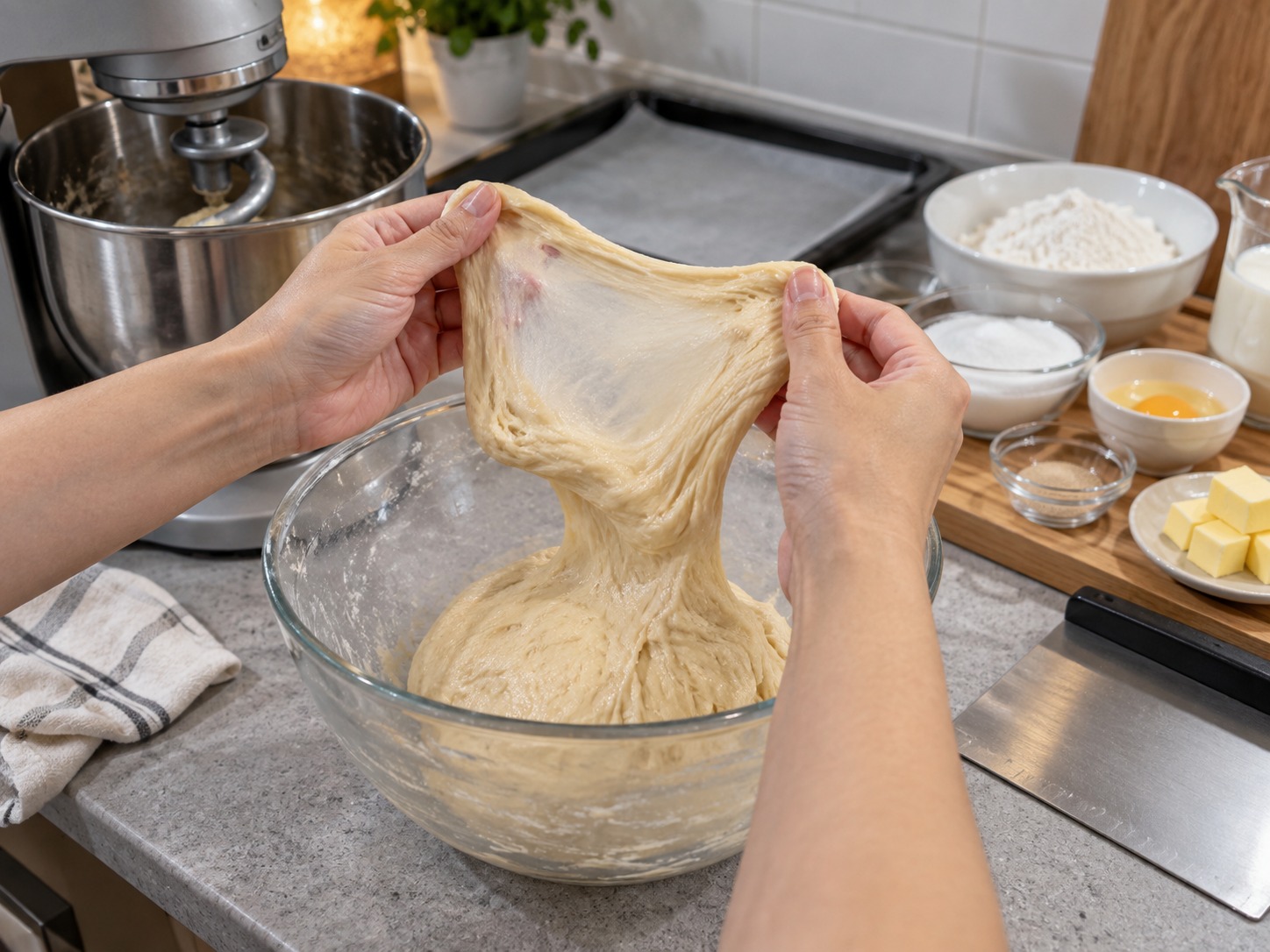 Hong Kong Pineapple Bun with Butter — Knead until the dough stretches into a thin membrane