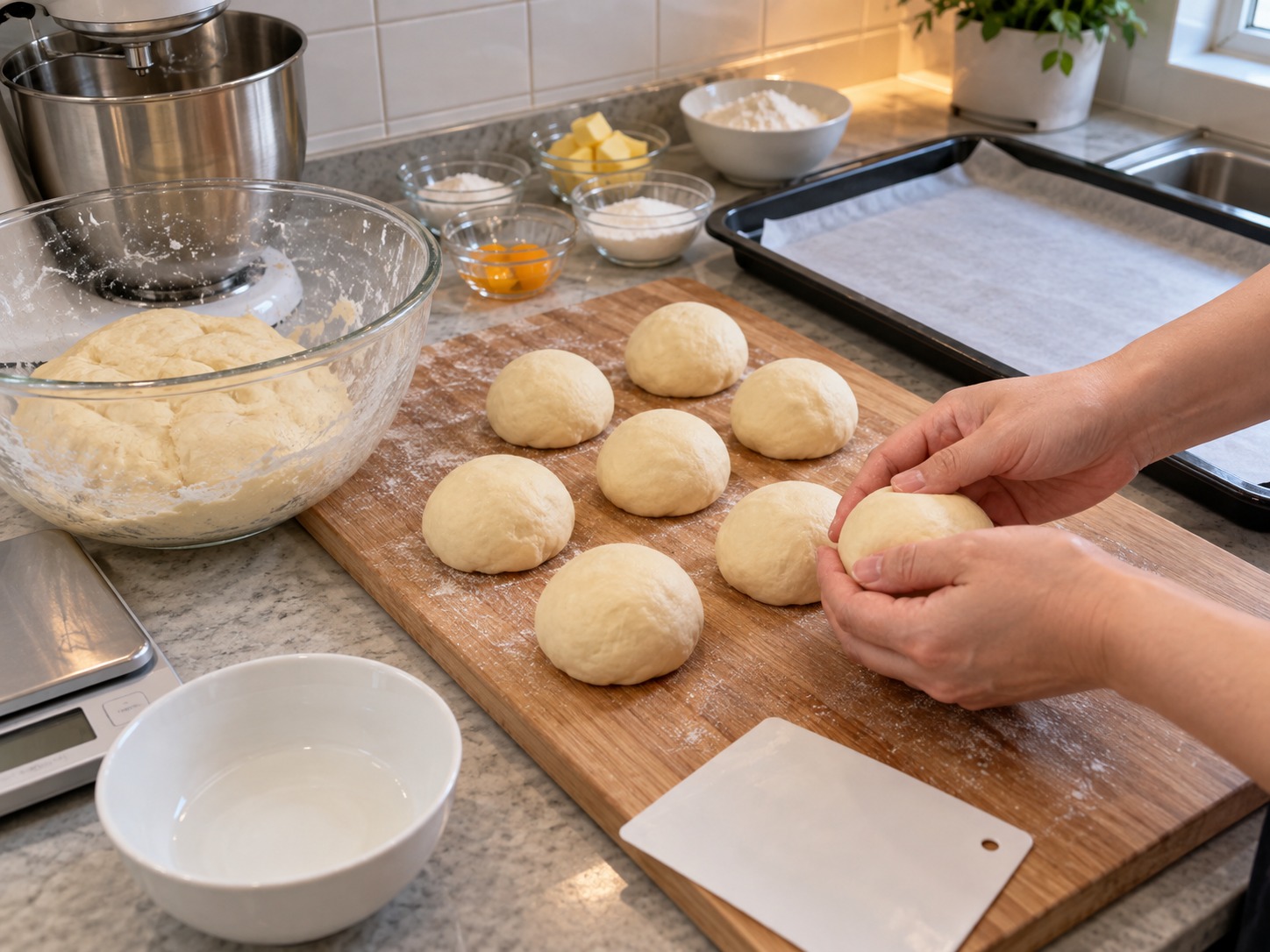Hong Kong Pineapple Bun with Butter — Deflate the bread dough and shape eight balls