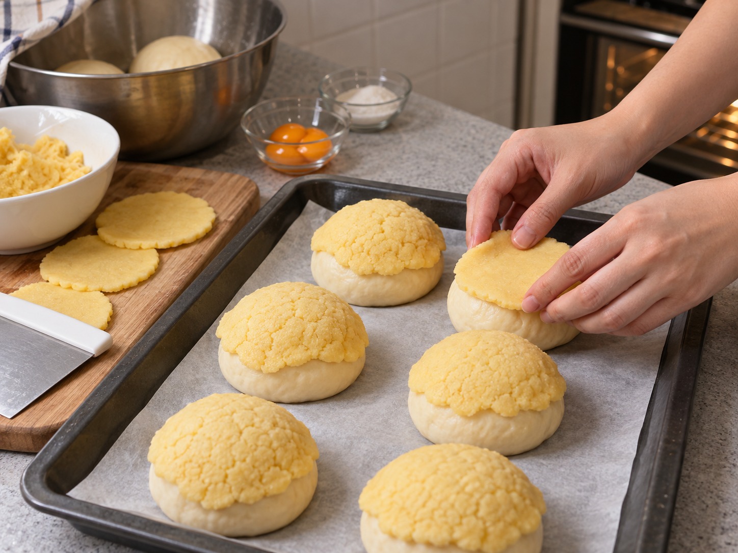 Hong Kong Pineapple Bun with Butter — Divide and flatten the crust over each bun