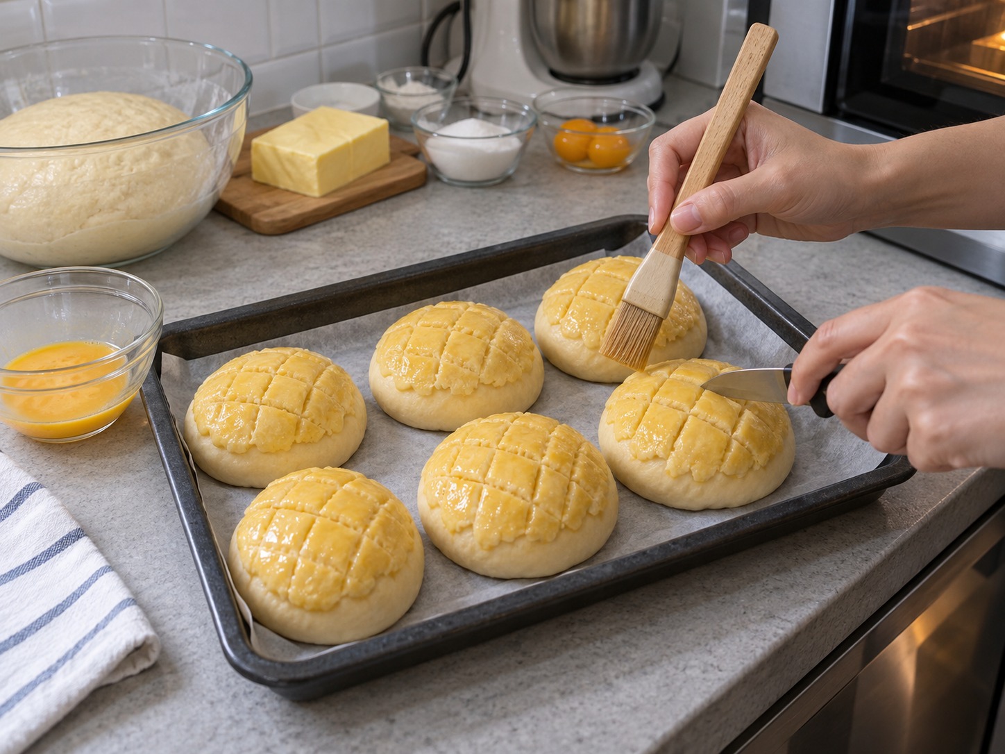Hong Kong Pineapple Bun with Butter — Brush the crust lightly with egg and score a diamond pattern