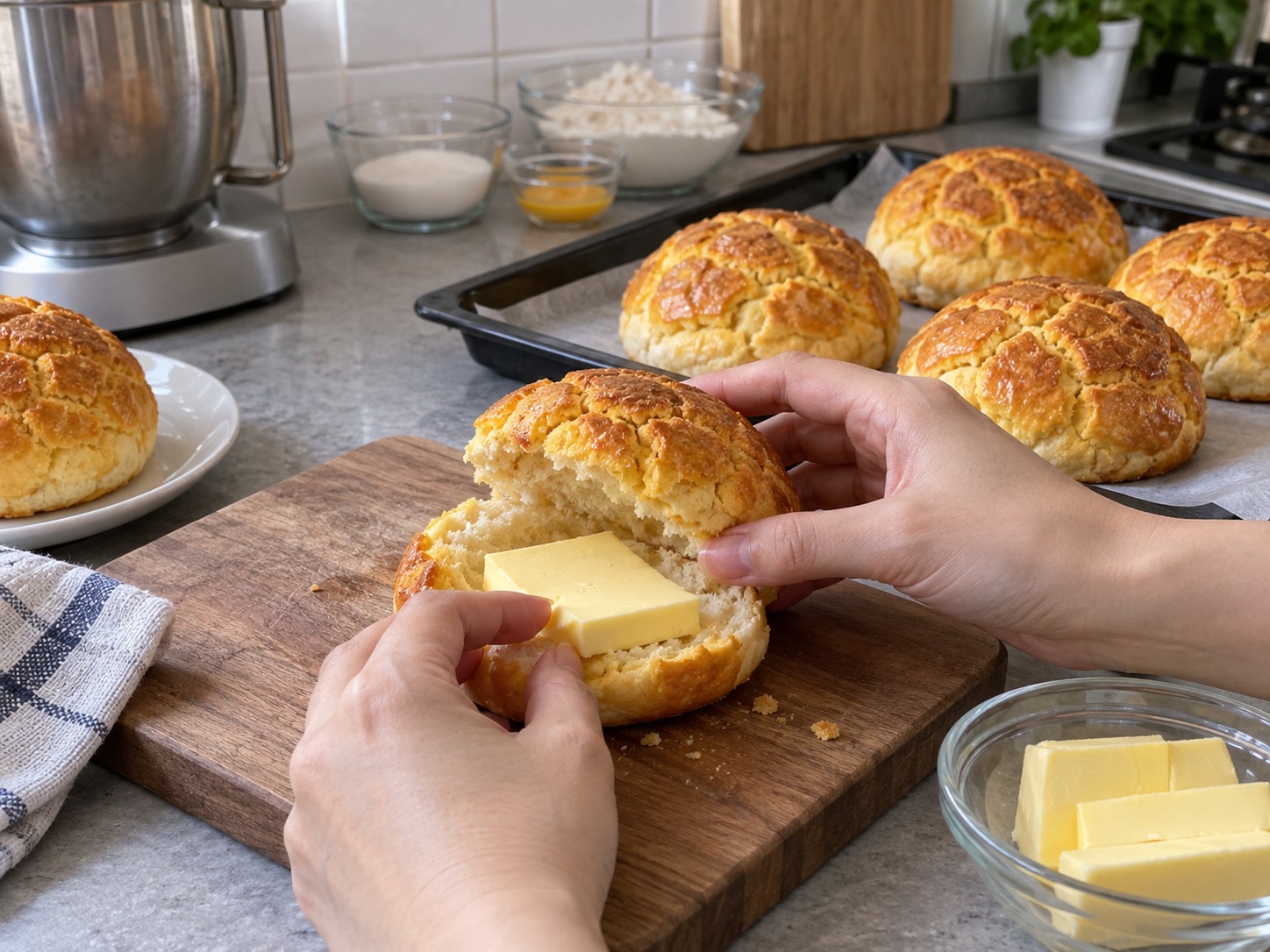 Hong Kong Pineapple Bun with Butter — Split each warm bun and insert 20 g cold salted butter
