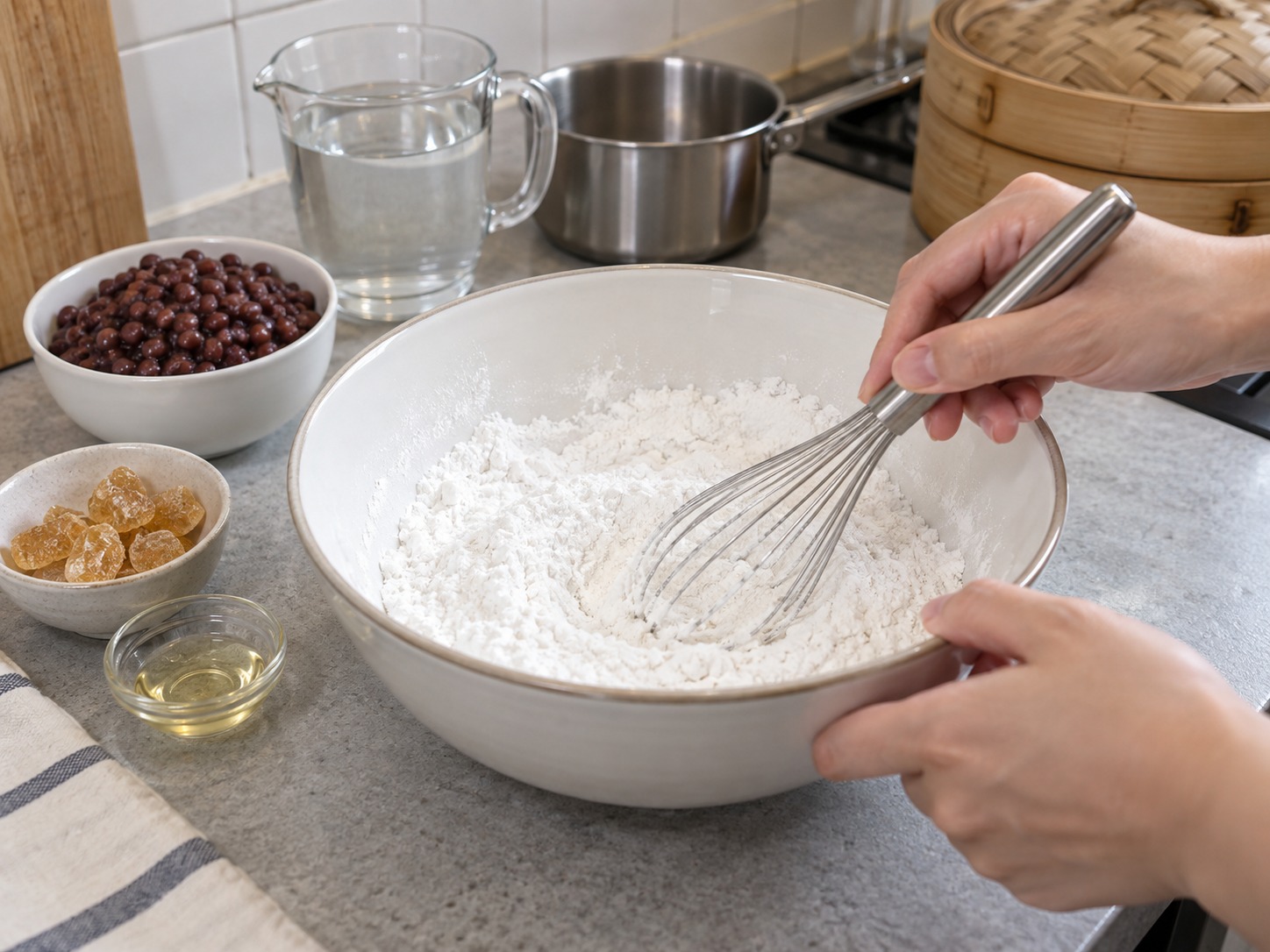 Hong Kong Red Bean Put Chai Ko — Paghaluin ang rice flour at tapioca starch sa mangkok