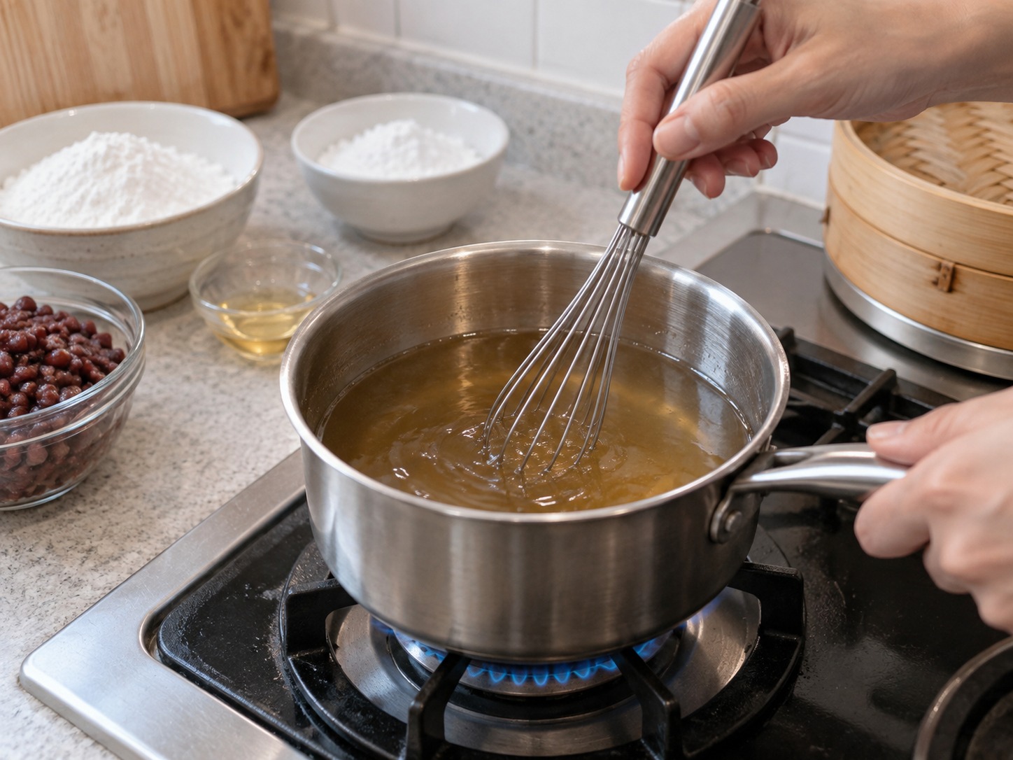 Hong Kong Red Bean Put Chai Ko — Painitin ang slab sugar at tubig hanggang lubos na matunaw