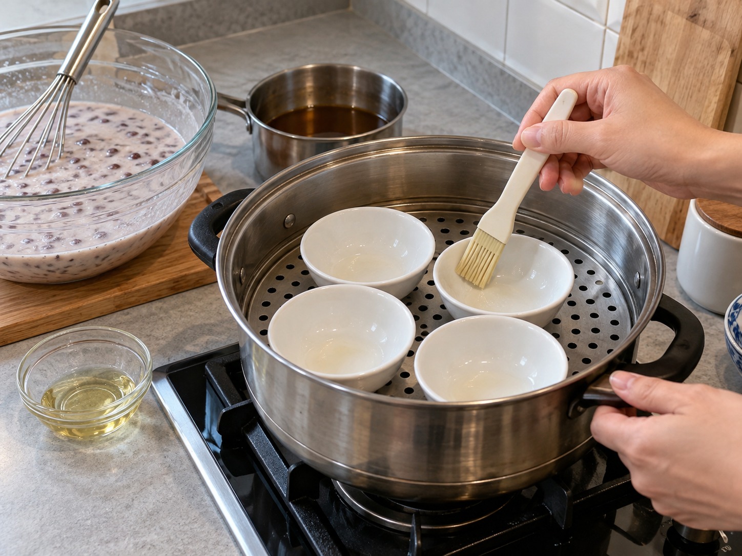 Hong Kong Red Bean Put Chai Ko — Pahiran ng kaunting mantika ang mga bowl at painitin sa steamer