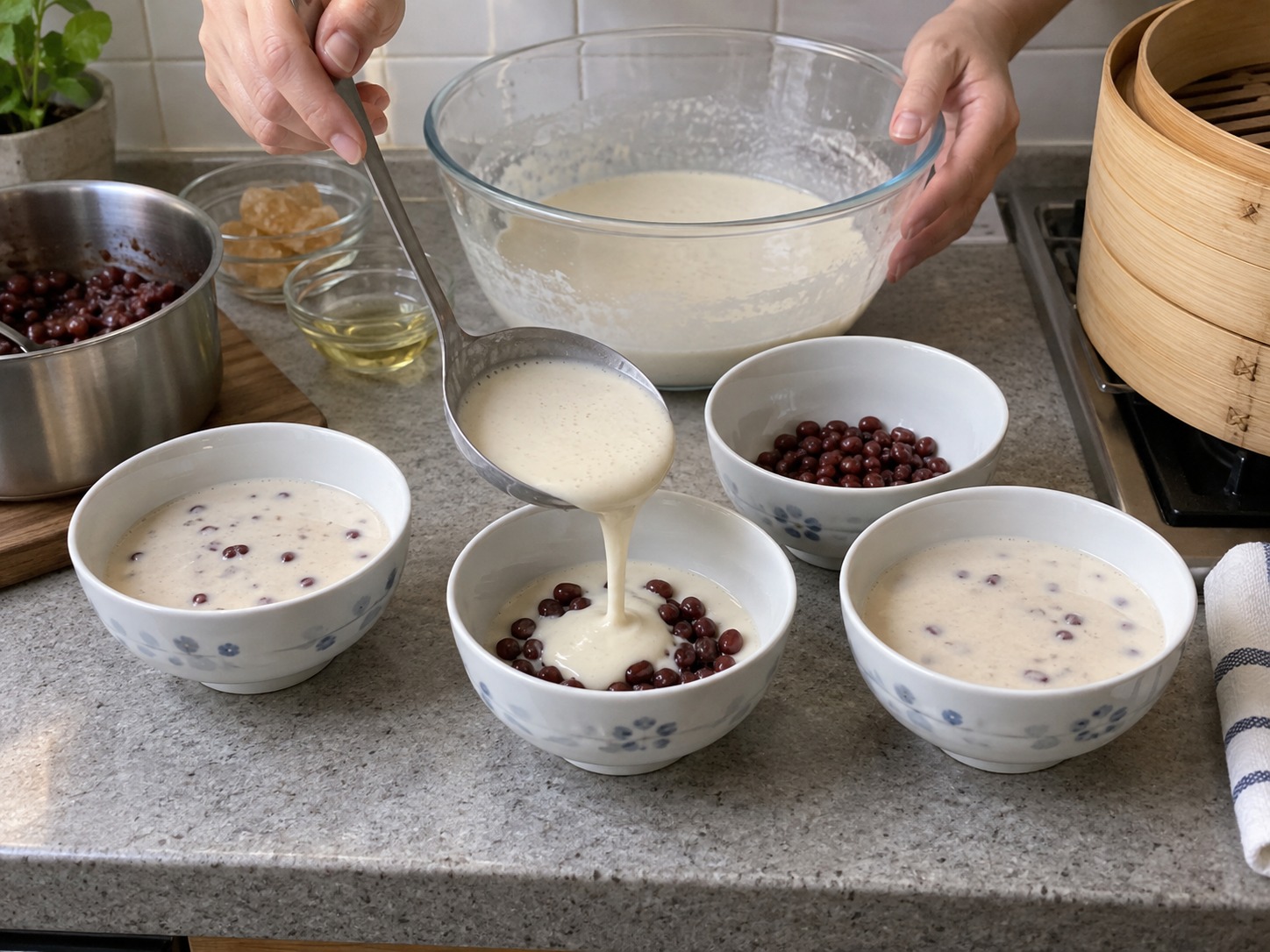 Hong Kong Red Bean Put Chai Ko — Lagyan ng red beans ang bawat bowl at punuin ng batter hanggang walumpung porsiyento