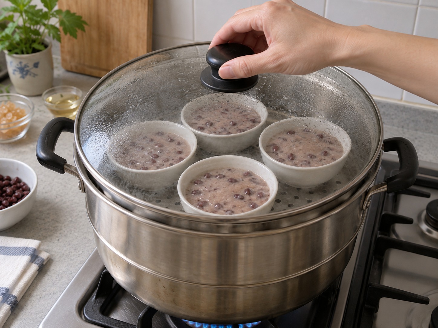 Hong Kong Red Bean Put Chai Ko — I-steam sa malakas na init nang 25 hanggang 30 minuto nang hindi laging binubuksan