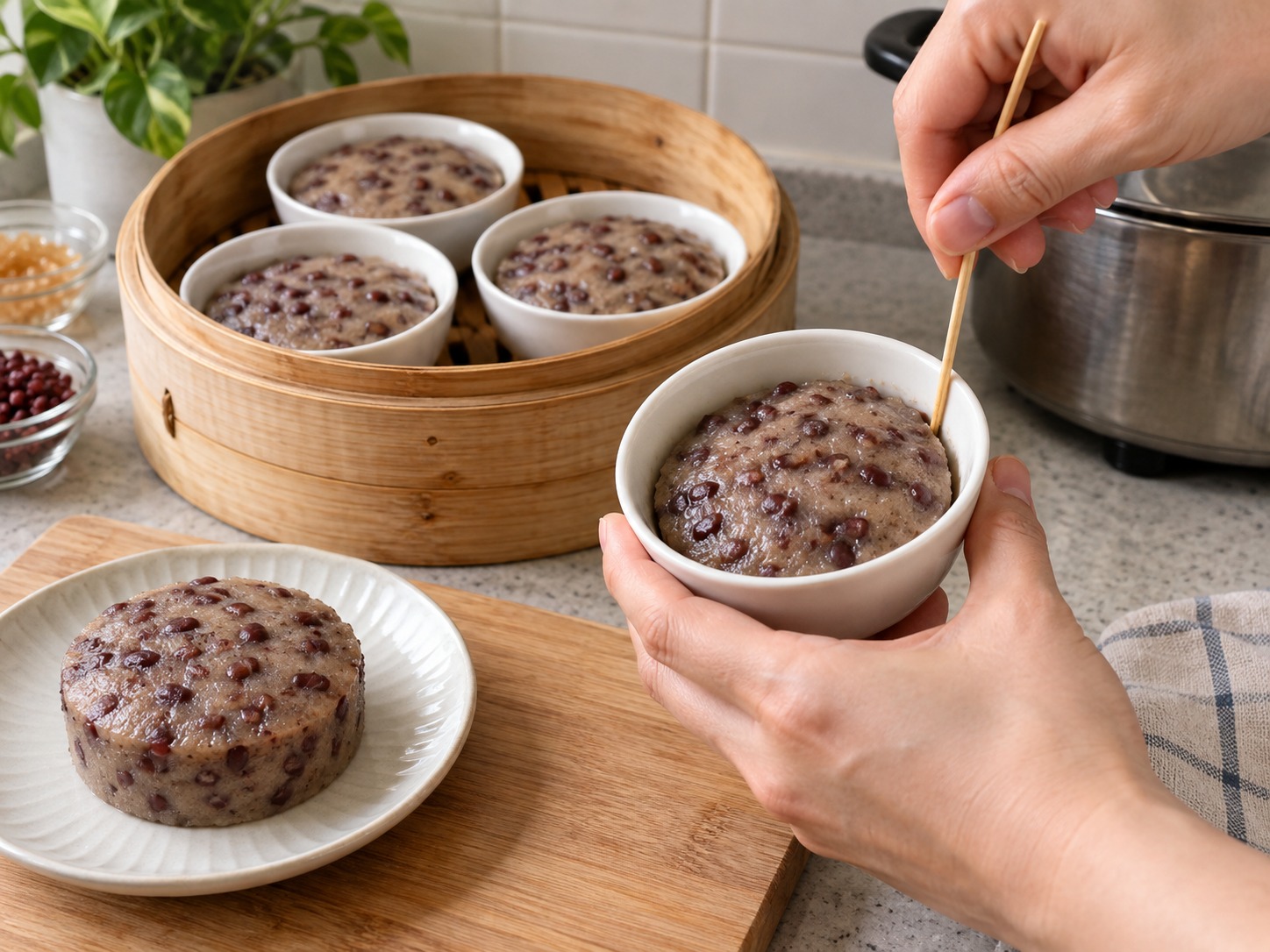 Hong Kong Red Bean Put Chai Ko — Alisin ang cake sa gilid gamit ang pantusok at ihain