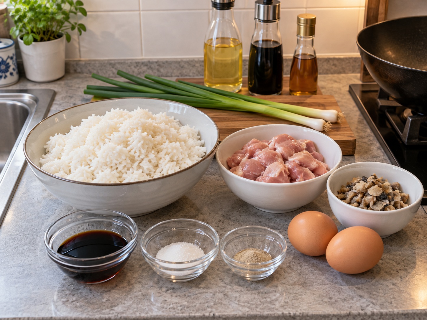 Hong Kong Fried Rice na may Manok at Salted Fish — mga sangkap