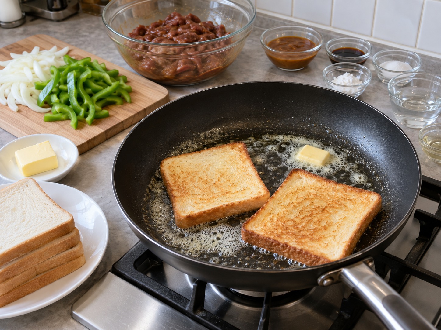 港式沙嗲牛肉多士 — 平底鑊以牛油煎香麵包兩面