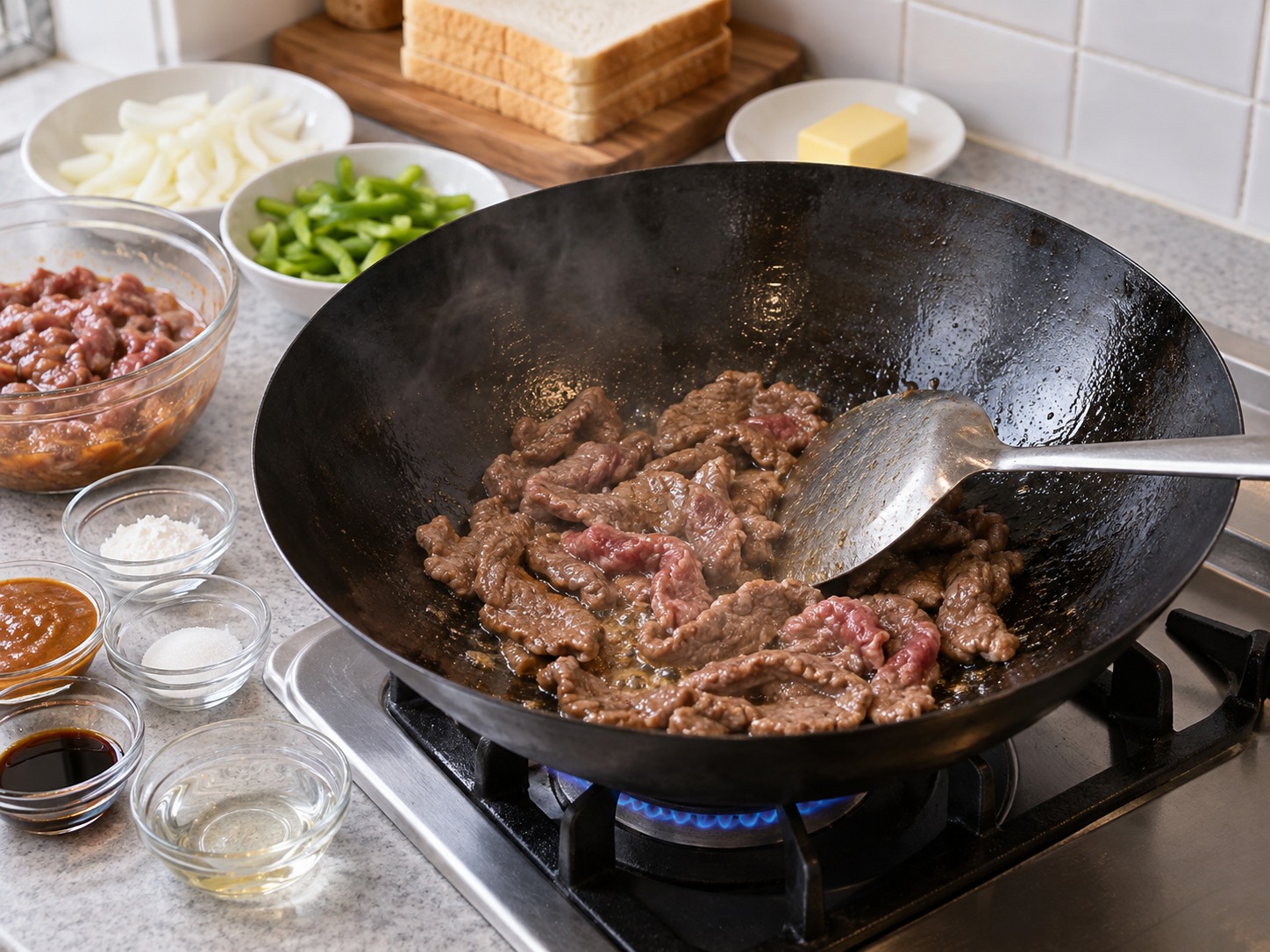 港式沙嗲牛肉多士 — 燒熱鑊後下牛肉快炒至七成熟