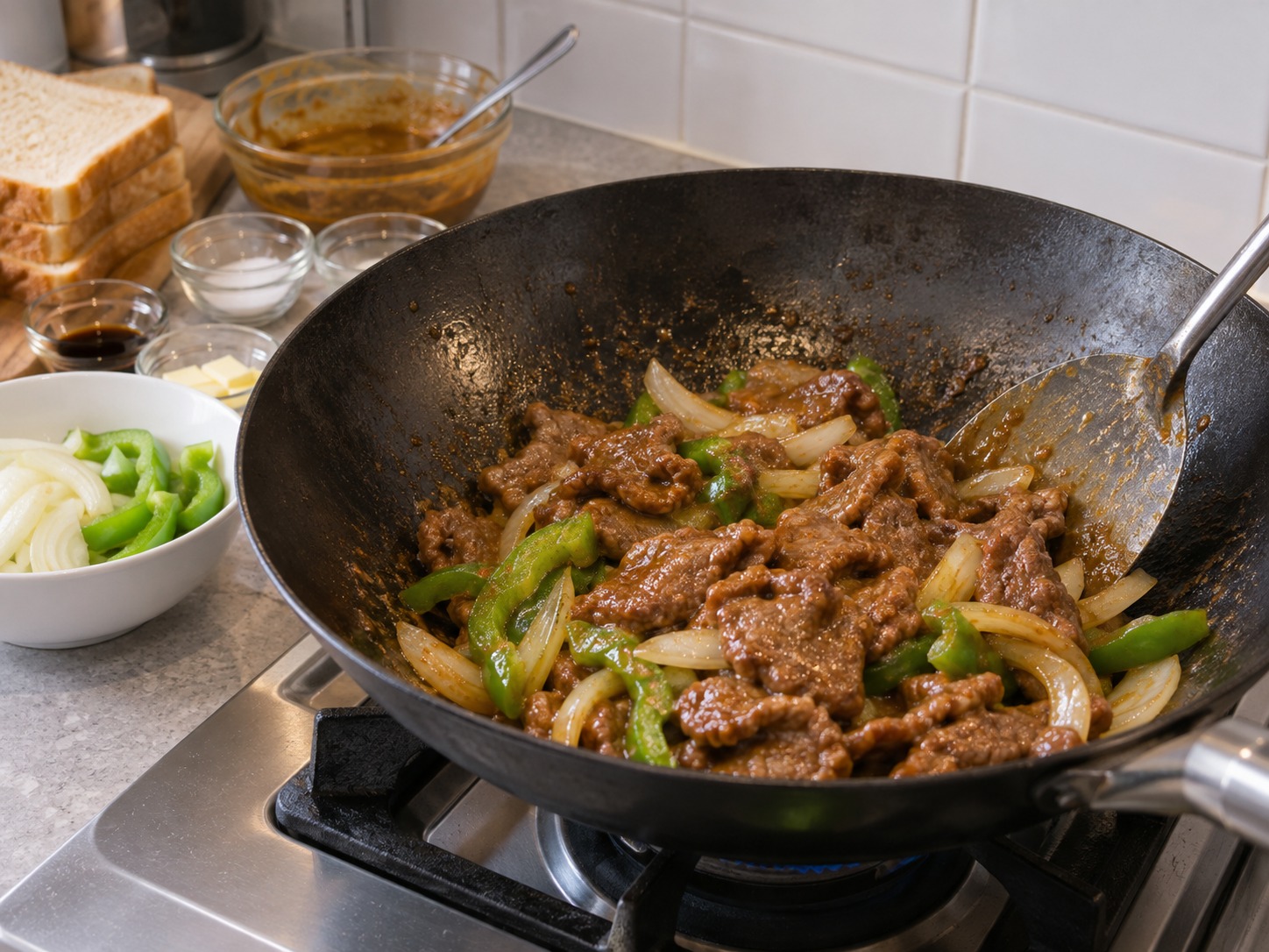 港式沙嗲牛肉多士 — 牛肉回鑊拌至剛熟和掛汁