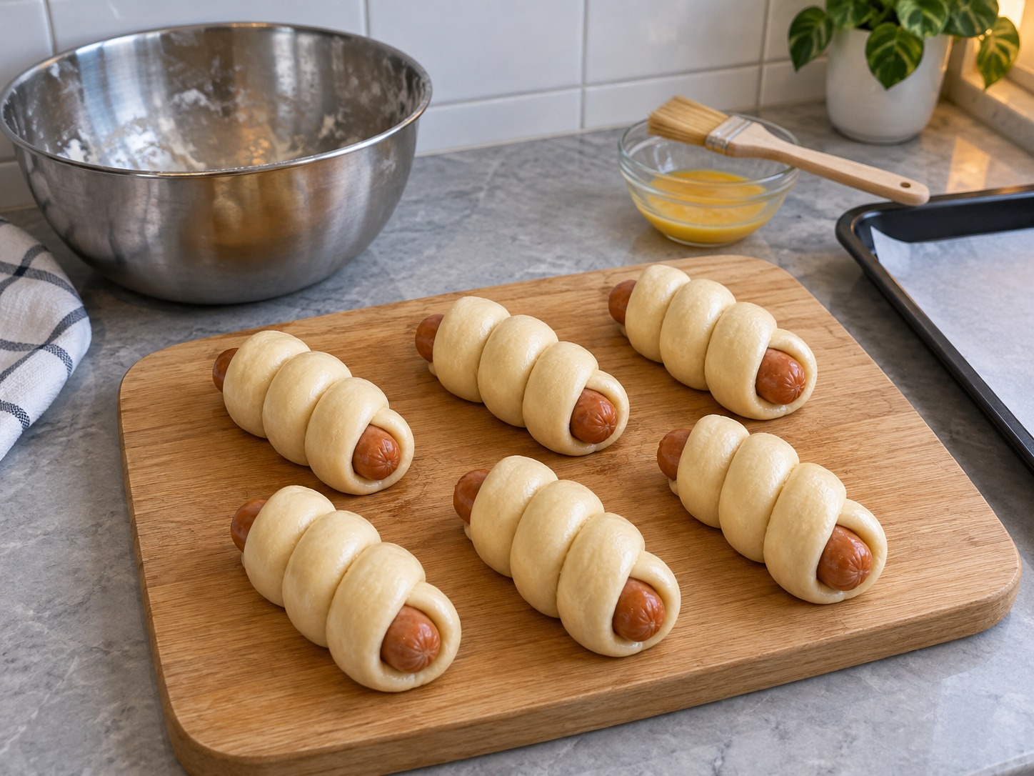 港式腸仔包 — 每條麵團繞一條腸仔成螺旋，兩端收在底部