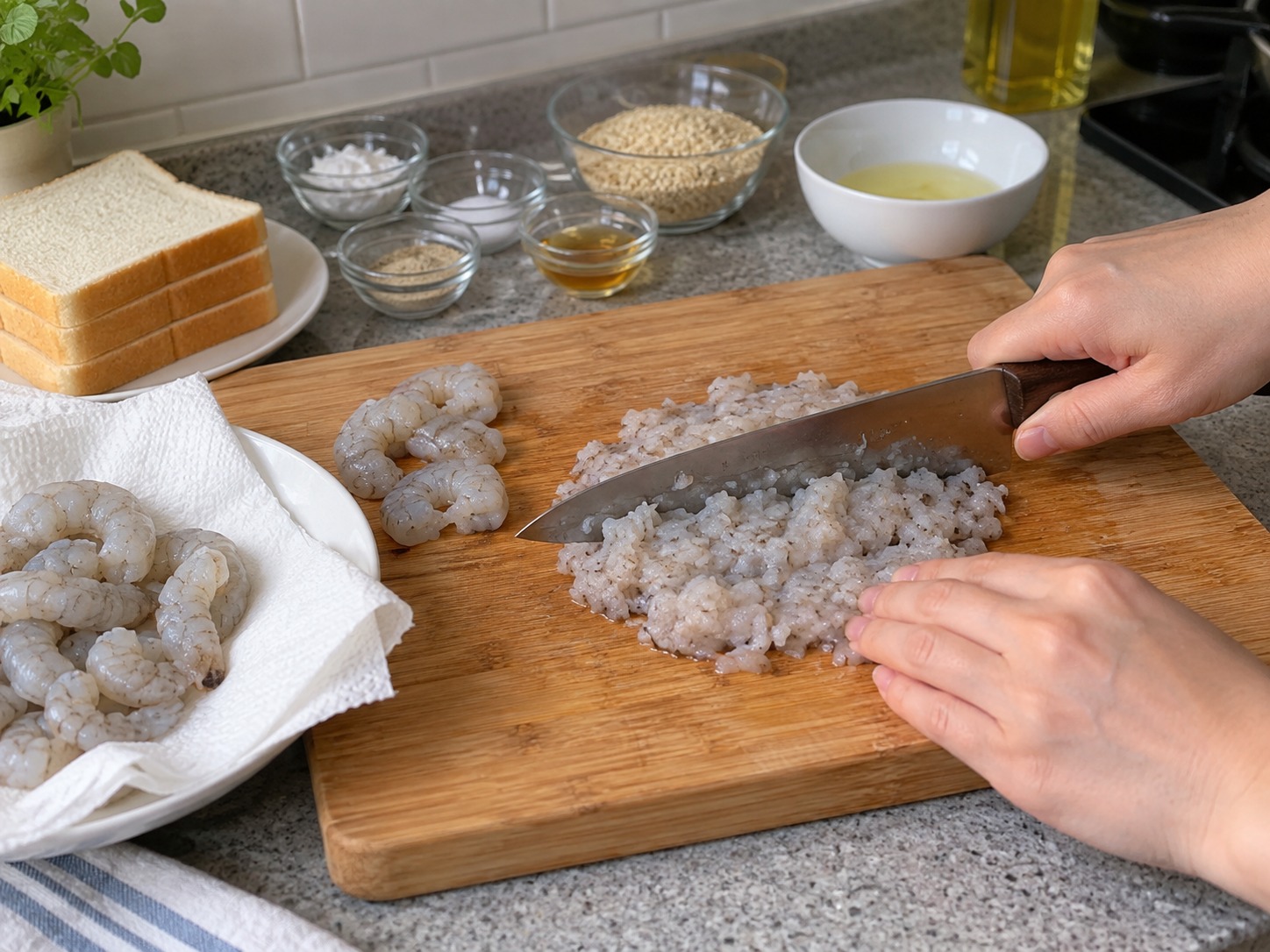 Hong Kong Sesame Prawn Toast — Pat shrimp dry and mince into sticky paste with a few small pieces