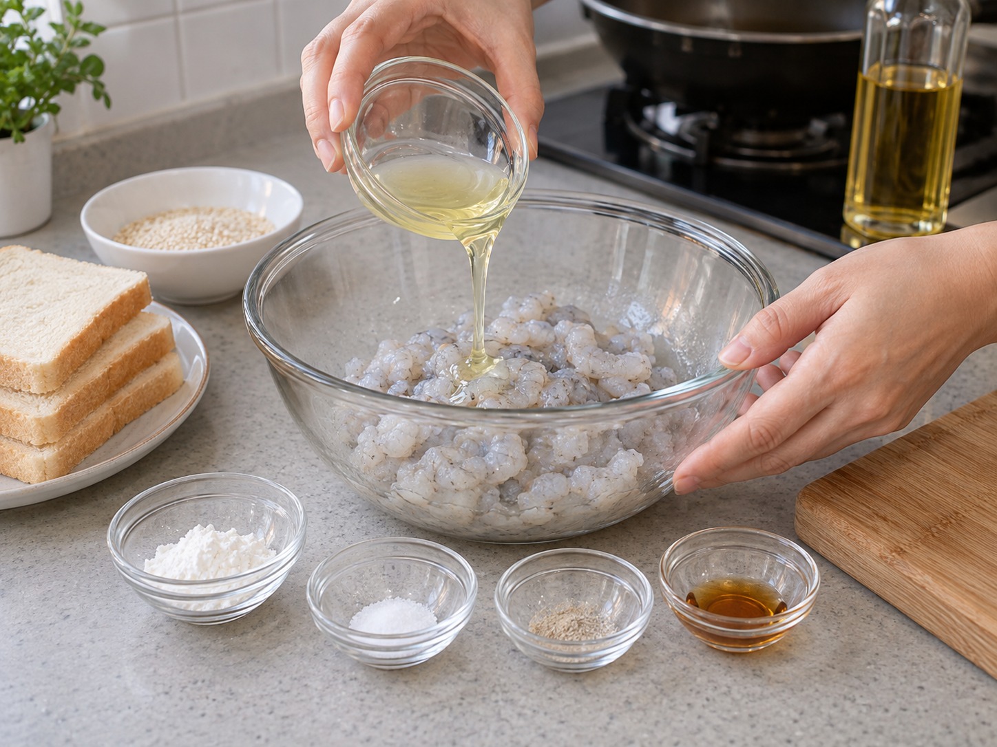 Hong Kong Sesame Prawn Toast — Add egg white, cornflour, salt, white pepper and sesame oil