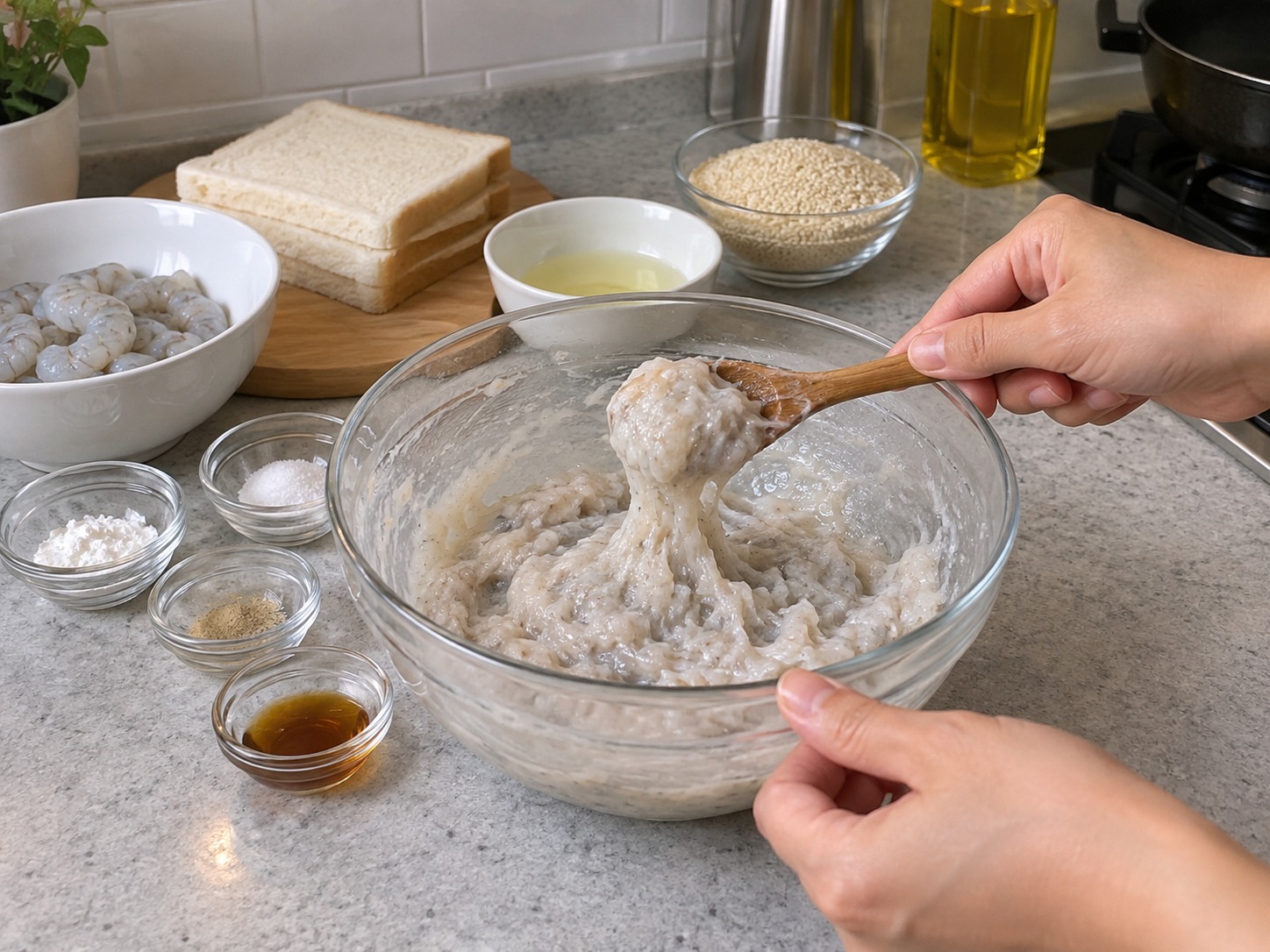 Hong Kong Sesame Prawn Toast — Stir in one direction for one minute until the paste clings to the spoon