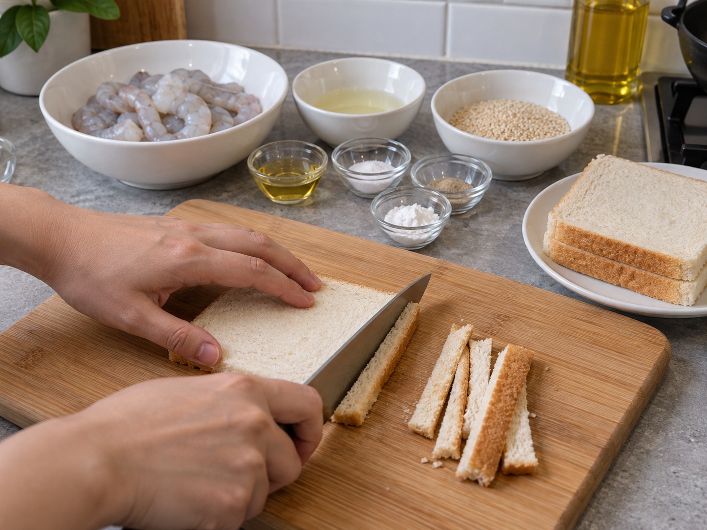 Hong Kong Sesame Prawn Toast — Lay bread flat and trim only hard crusts if necessary