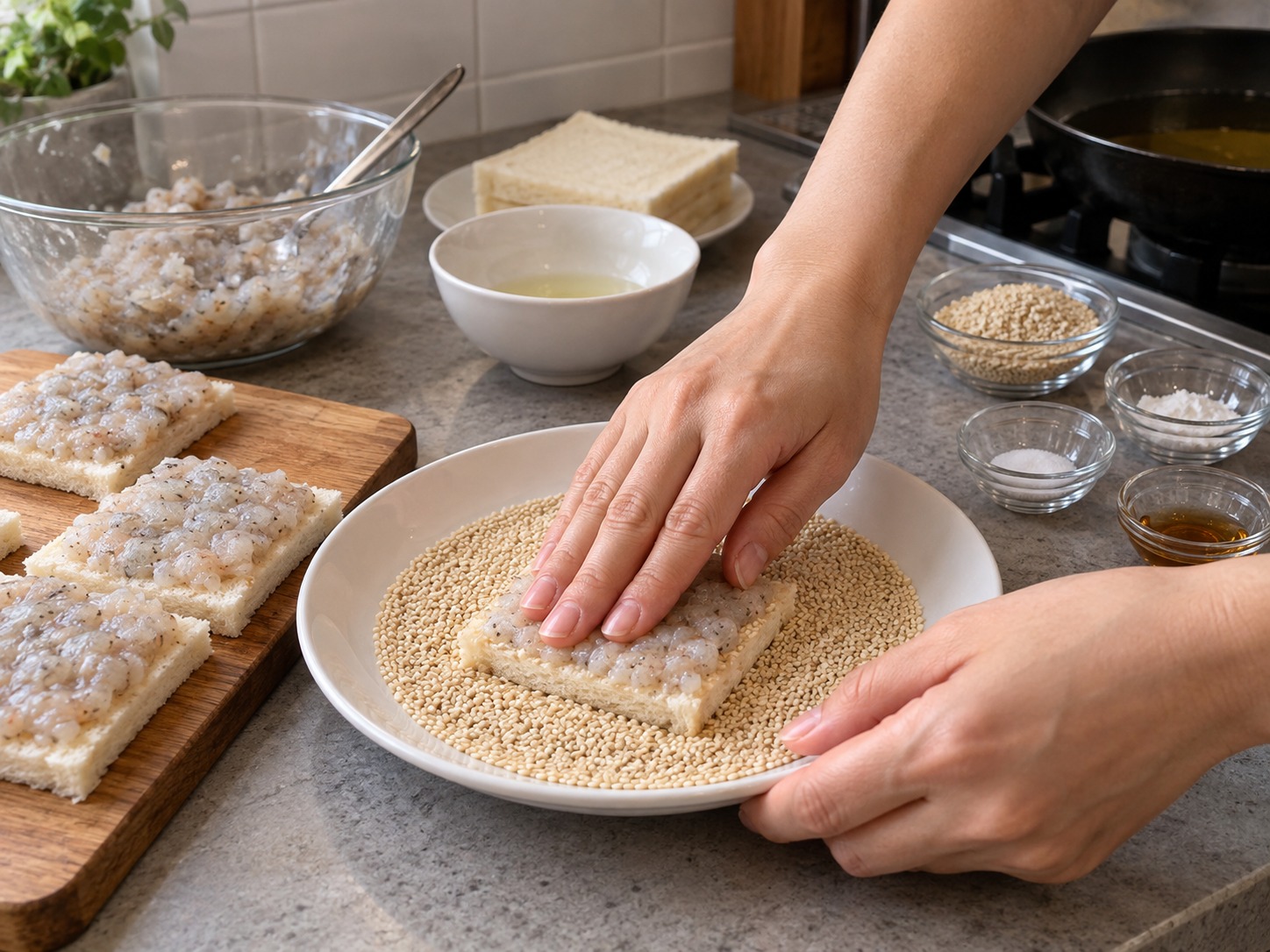 Hong Kong Sesame Prawn Toast — Press the shrimp side into sesame to form a thin even coating