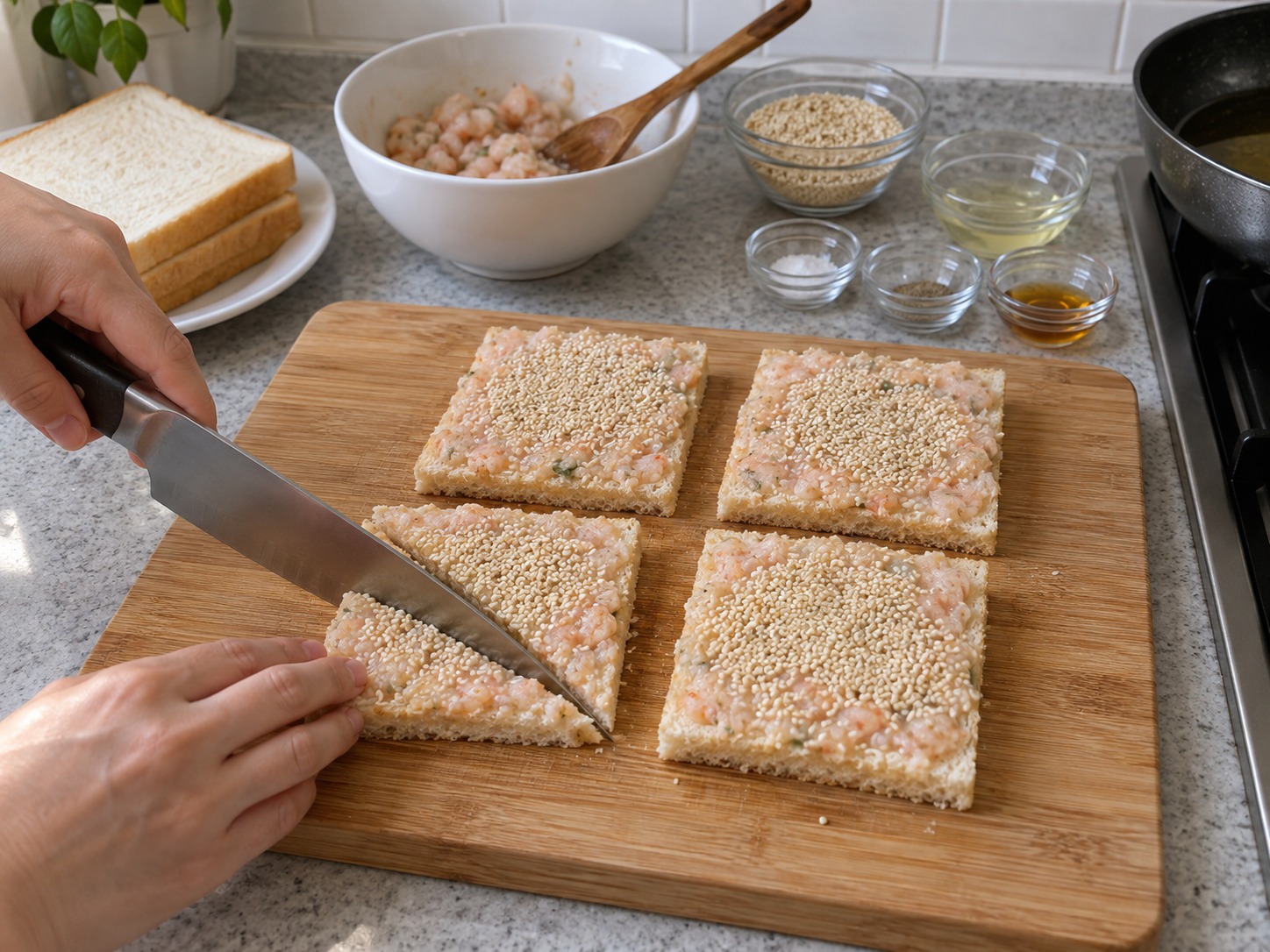 Hong Kong Sesame Prawn Toast — Cut each slice diagonally into two to make eight triangles