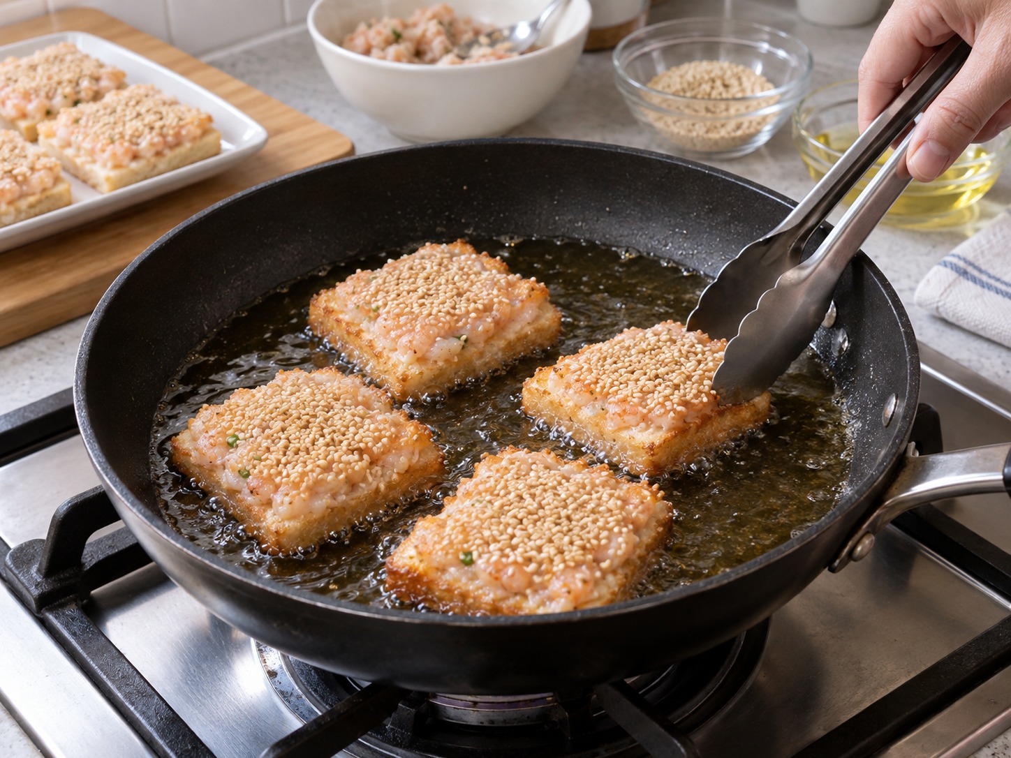 Hong Kong Sesame Prawn Toast — Fry in two batches, shrimp-side down, for three to four minutes until set and golden