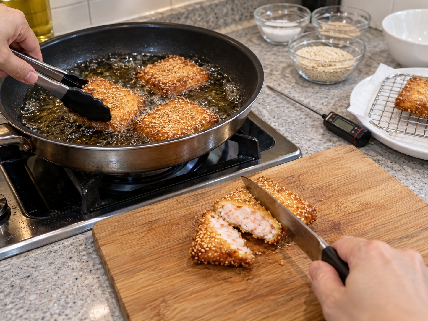 Hong Kong Sesame Prawn Toast — Turn and fry about two minutes; cut one open to check the shrimp paste is fully cooked and cook longer if needed