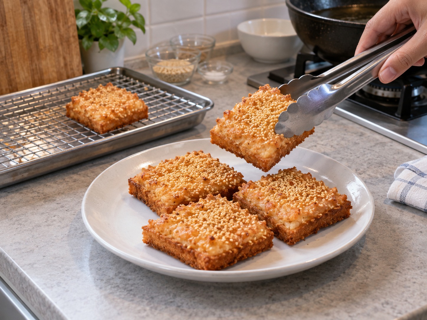 Hong Kong Sesame Prawn Toast — Drain toast on the rack for one minute, arrange on a plate and serve hot