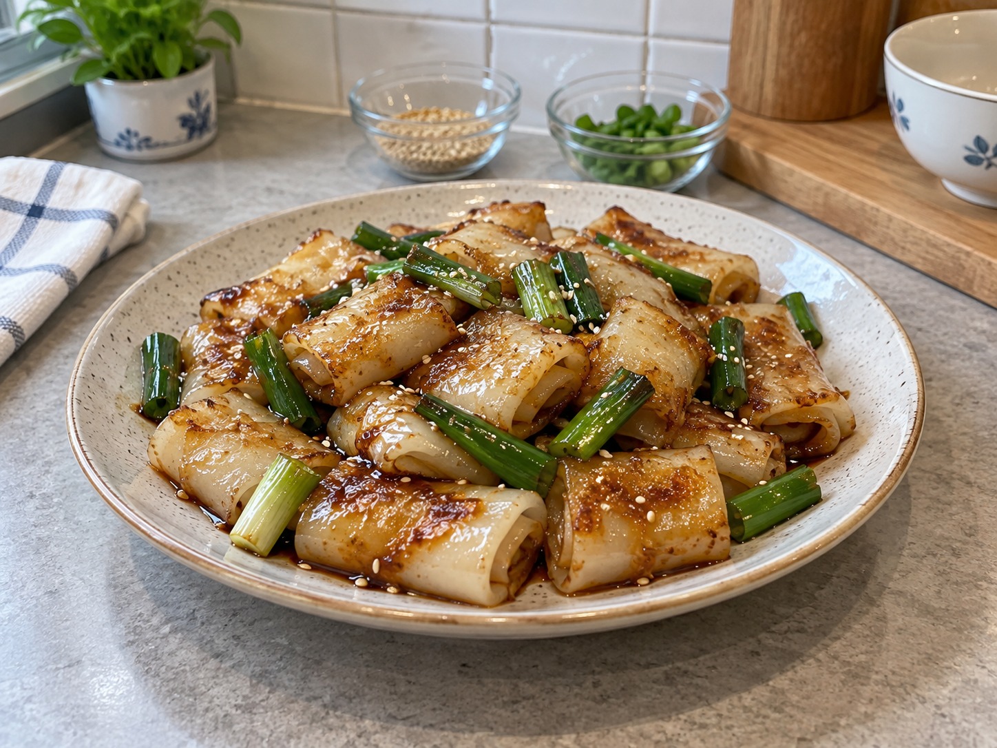 Piniritong Rice Rolls sa Toyo — natapos na ulam