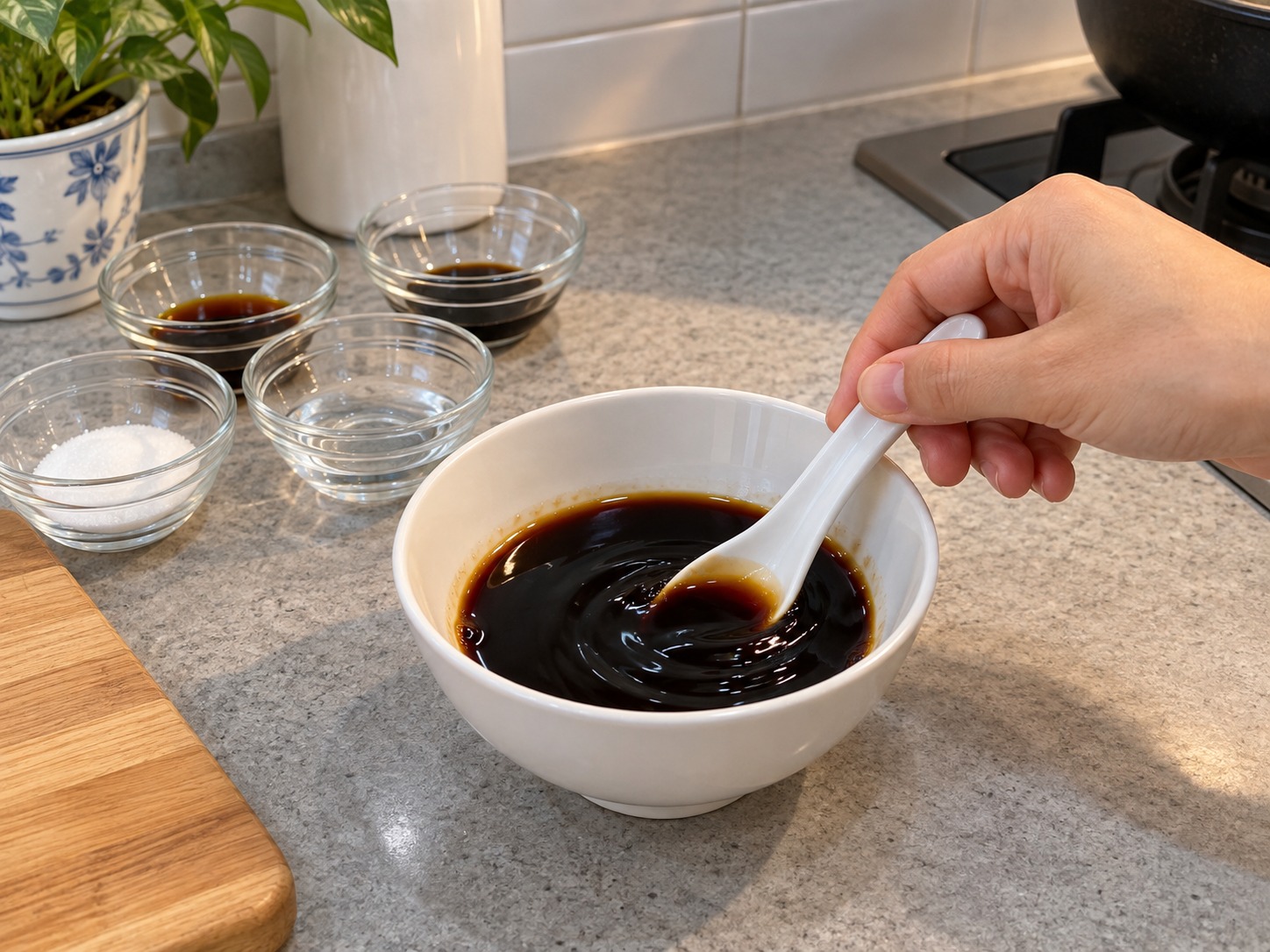 港式豉油皇煎腸粉 — 生抽、老抽、糖及水拌勻
